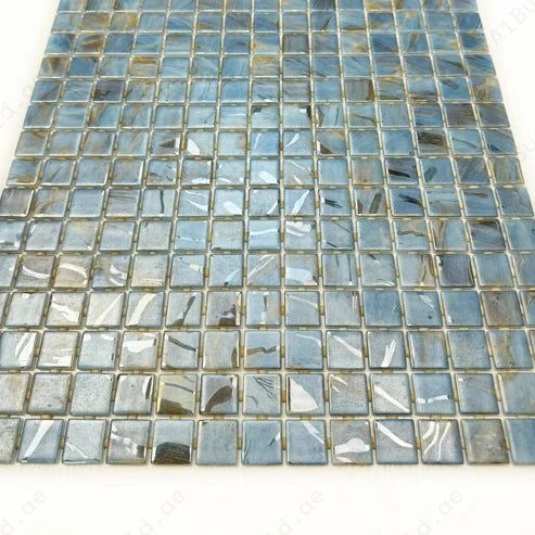 Sky, baby blue & earthy brown recycled glass mosaic tile with streaks and swirls. Durable, slip-resistant, UV-proof—perfect for pools, spas & feature walls.