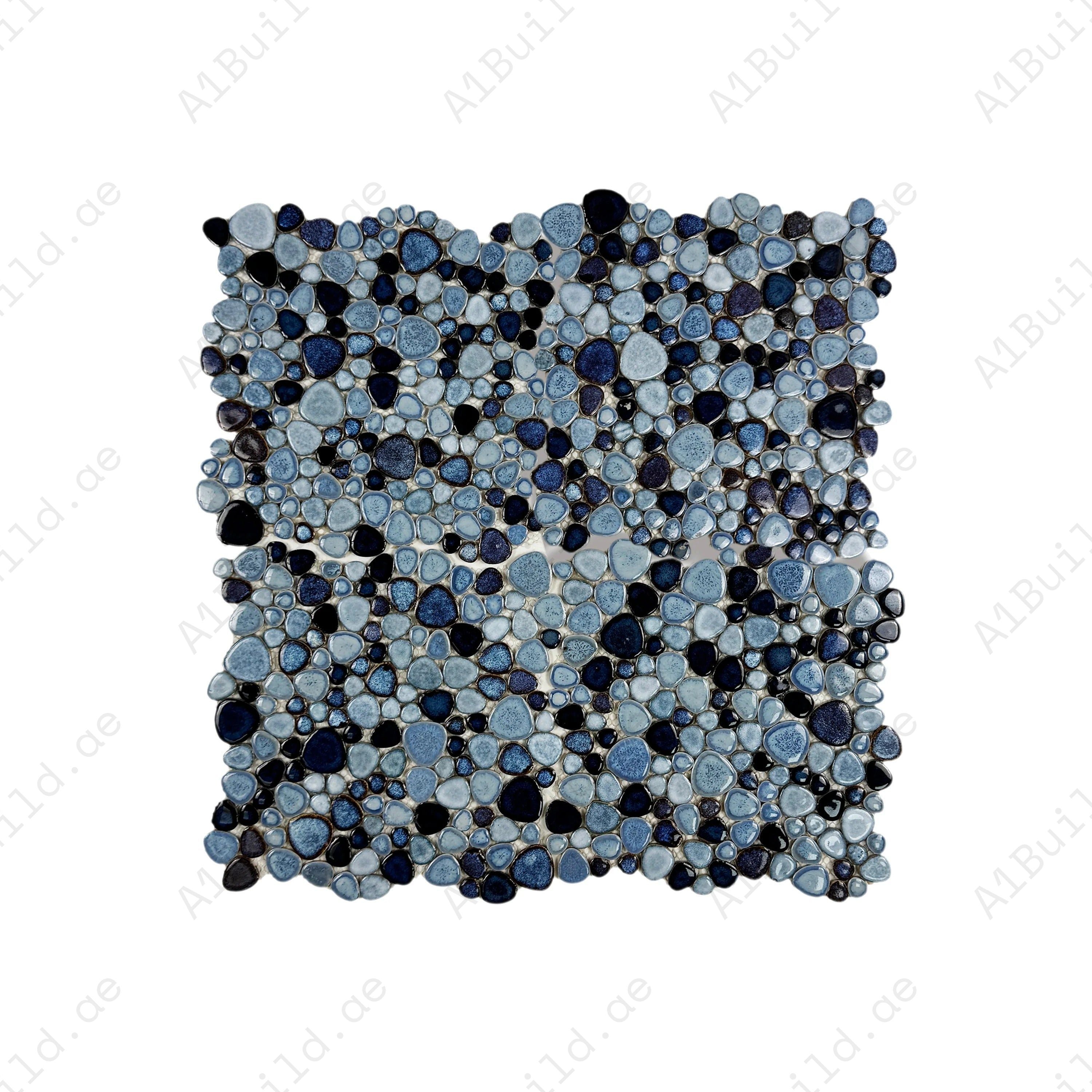 Sky blue and chocolate brown round ice crack porcelain mosaic tile for walls, bathrooms, and kitchens. Durable, water-resistant, and stylish for modern interiors.