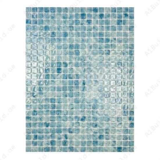 Sky blue recycled glass mosaic tile with elegant streaks, slip-resistant and UV-proof. Ideal for pools, spas, water features & luxury outdoor designs.