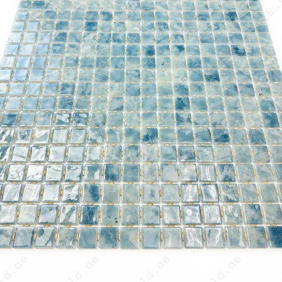 Sky blue recycled glass mosaic tile with elegant streaks, slip-resistant and UV-proof. Ideal for pools, spas, water features & luxury outdoor designs.