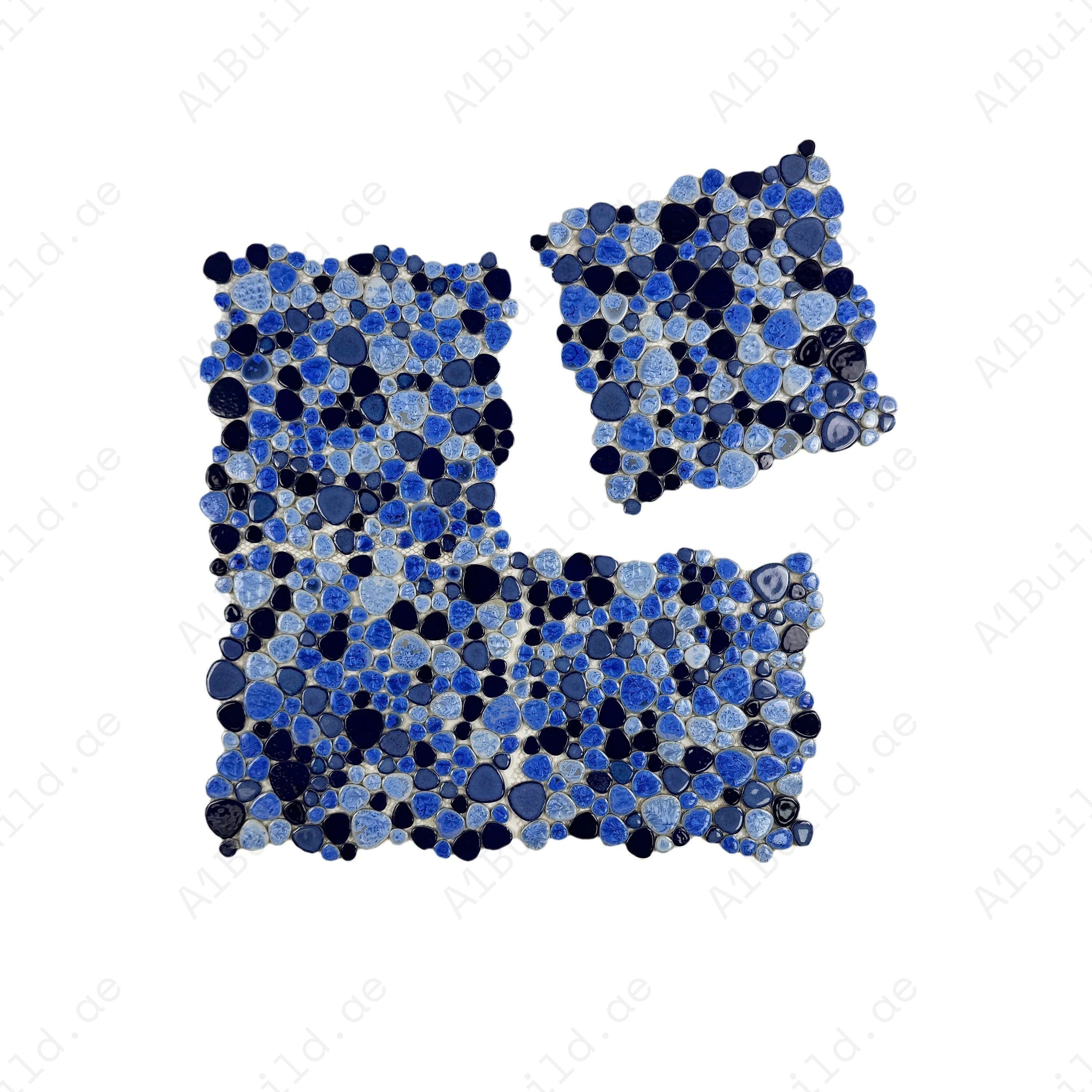 Sky, royal, and midnight blue round ice crack porcelain mosaic for walls, bathrooms, and kitchens. Durable, water-resistant, and ideal for modern interiors.