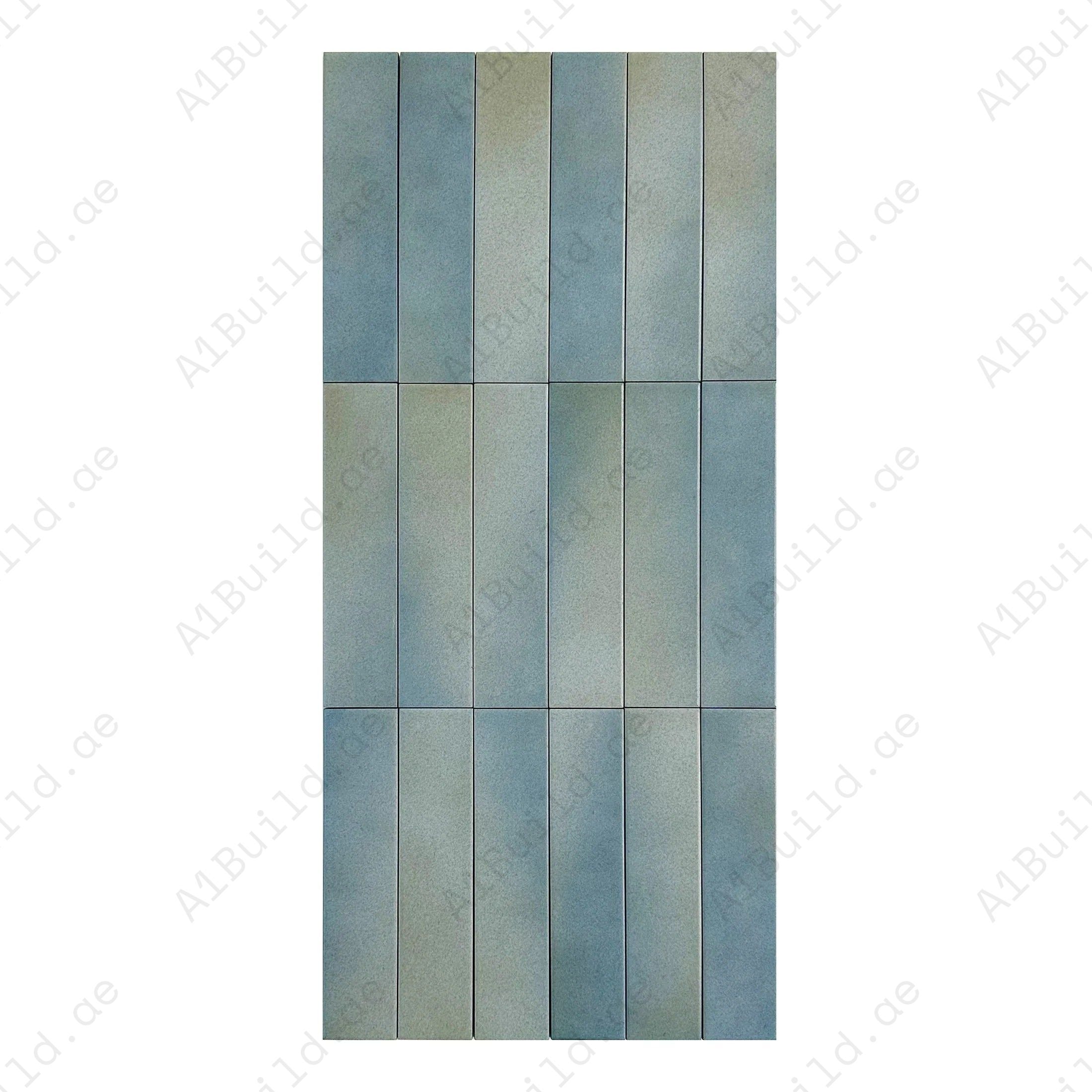 Slate Grey & French Blue matte porcelain tile with long-strip design. Durable, water, scratch & stain-resistant—perfect for walls, floors & backsplashes.