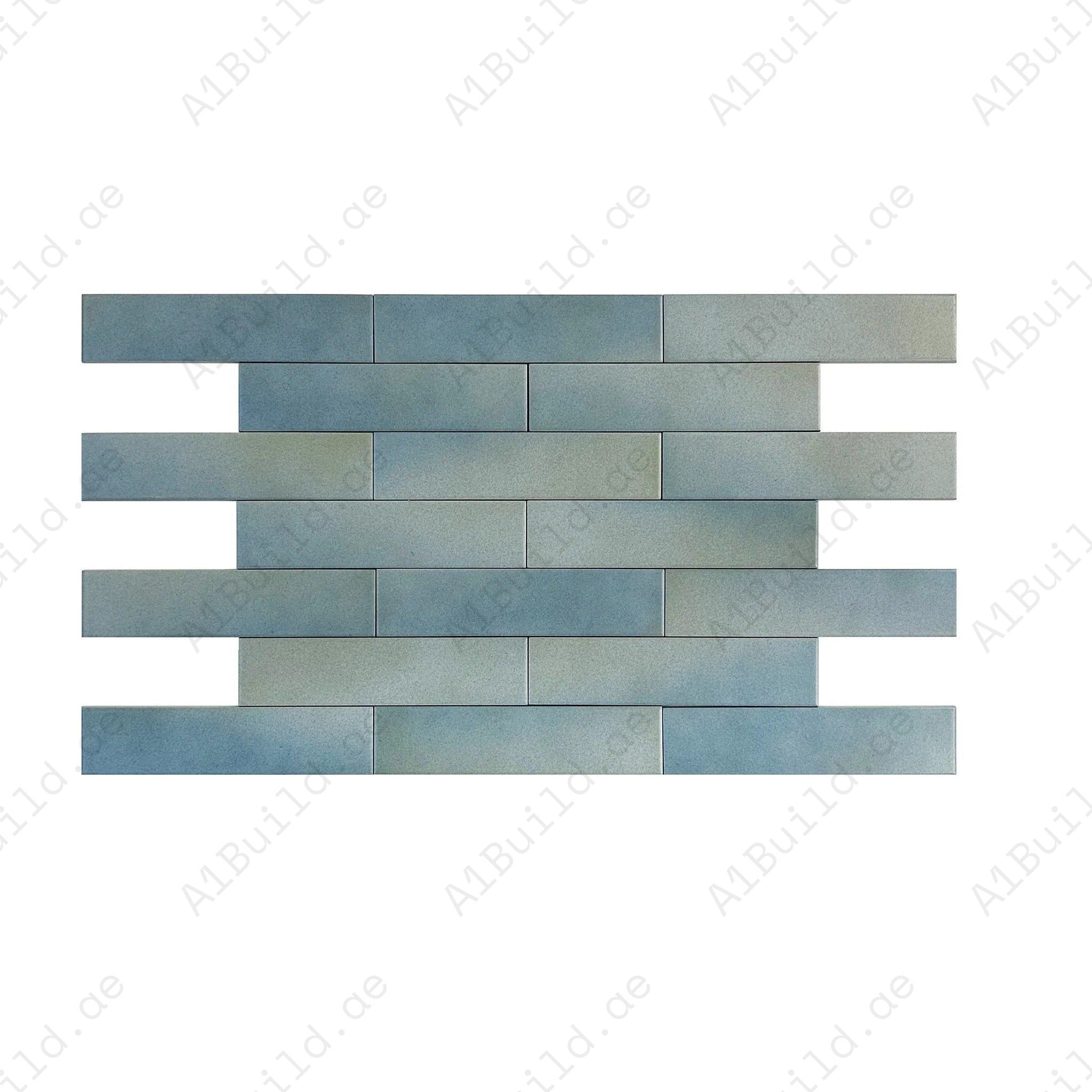 Slate Grey & French Blue matte porcelain tile with long-strip design. Durable, water, scratch & stain-resistant—perfect for walls, floors & backsplashes.