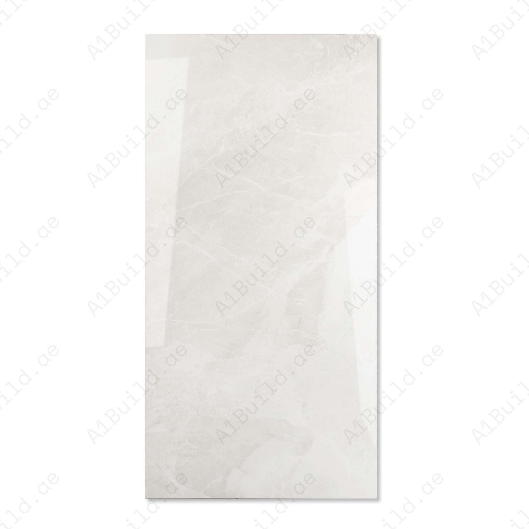 Sparkle Bianco glossy marble effect porcelain tile 60x120cm with 9mm thickness features bright white base, subtle grey veining and polished finish.