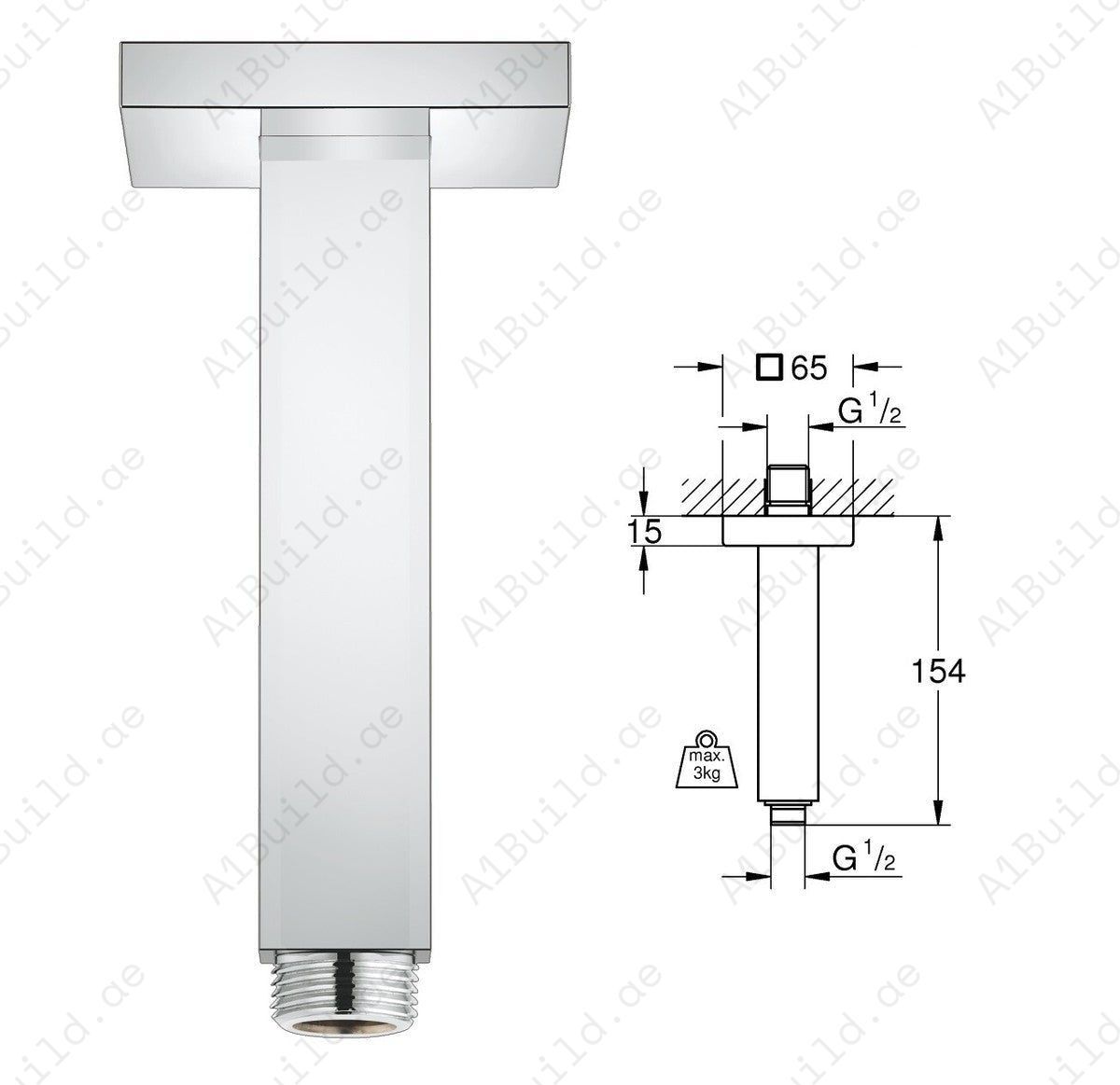 Square Ceiling Shower Arm 150mm - Premium Chrome Finish for Modern Bathrooms