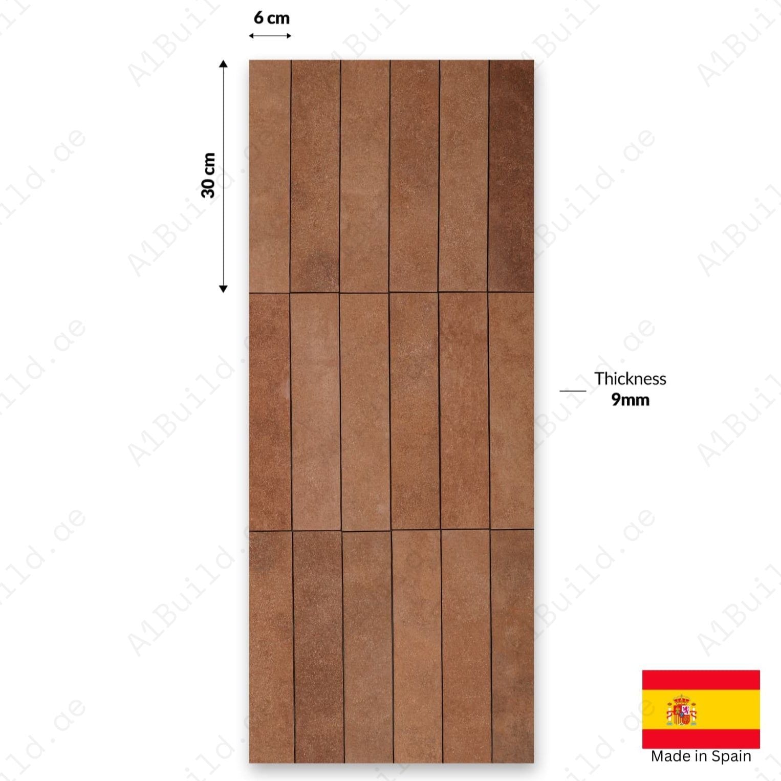 Stage Terracotta matt tiles, 06x30cm, made in Spain. Ideal for indoor & outdoor walls and floors, kitchens, and bathrooms.