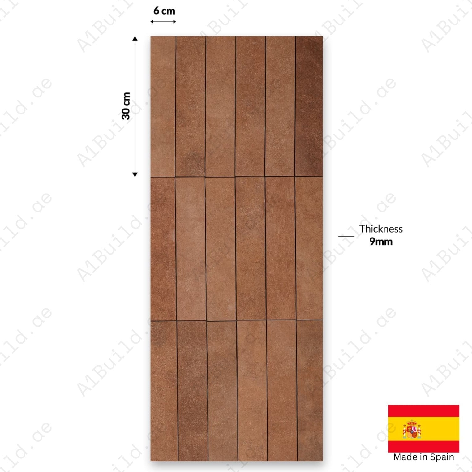Stage Terracotta matt tiles, 06x30cm, made in Spain. Ideal for indoor & outdoor walls and floors, kitchens, and bathrooms.