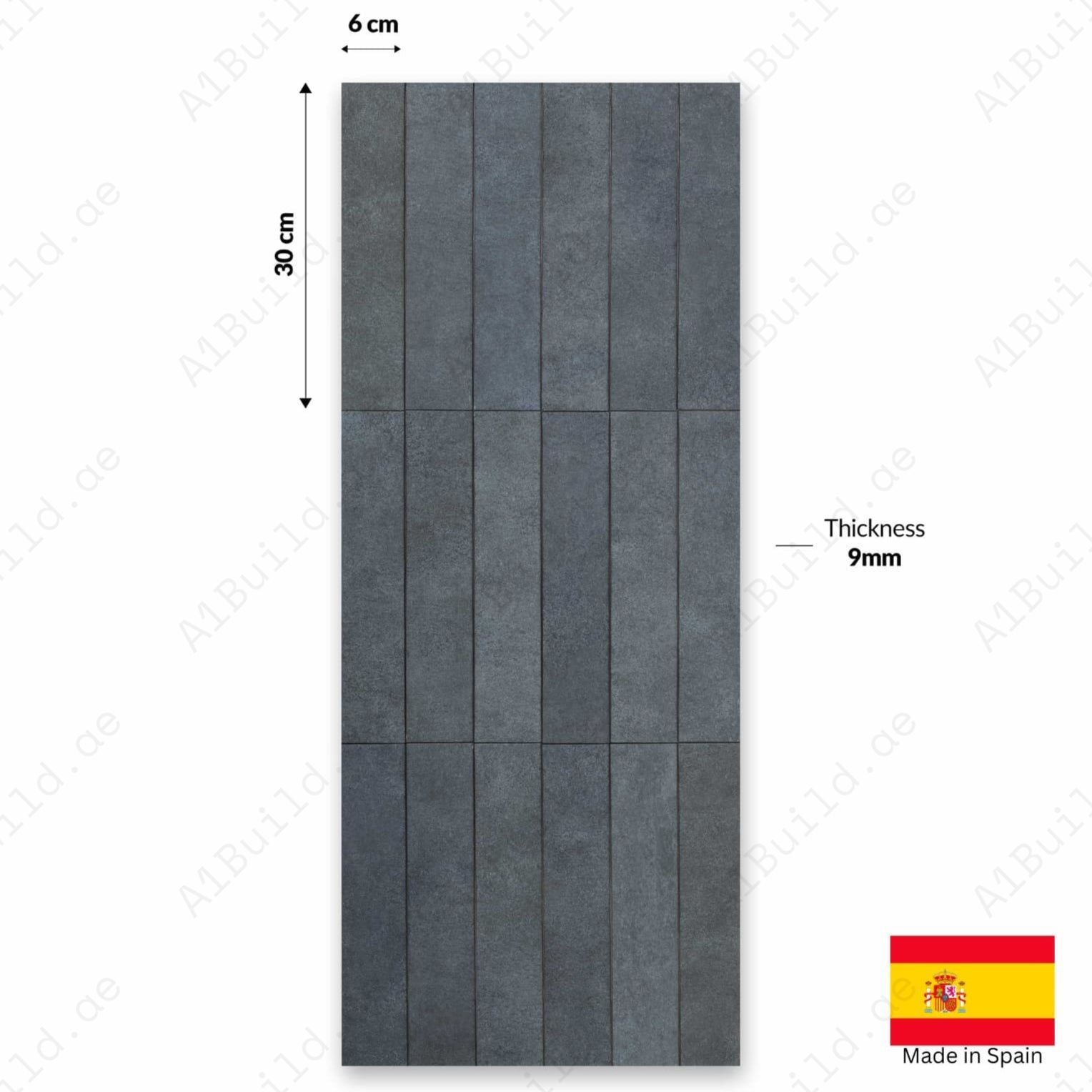 Stage Denim matt ceramic tiles, 06x30cm, made in Spain. Perfect for indoor walls, kitchens, bathrooms, and outdoor wall designs.