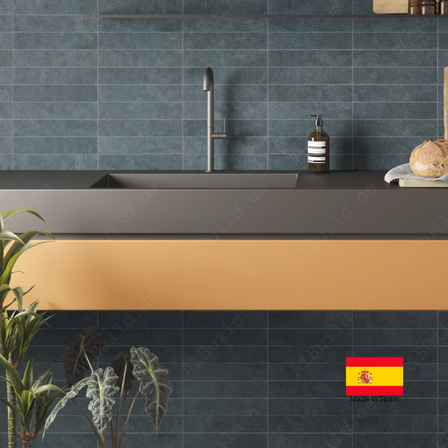 Stage Denim matt ceramic tiles, 06x30cm, made in Spain. Perfect for indoor walls, kitchens, bathrooms, and outdoor wall designs.