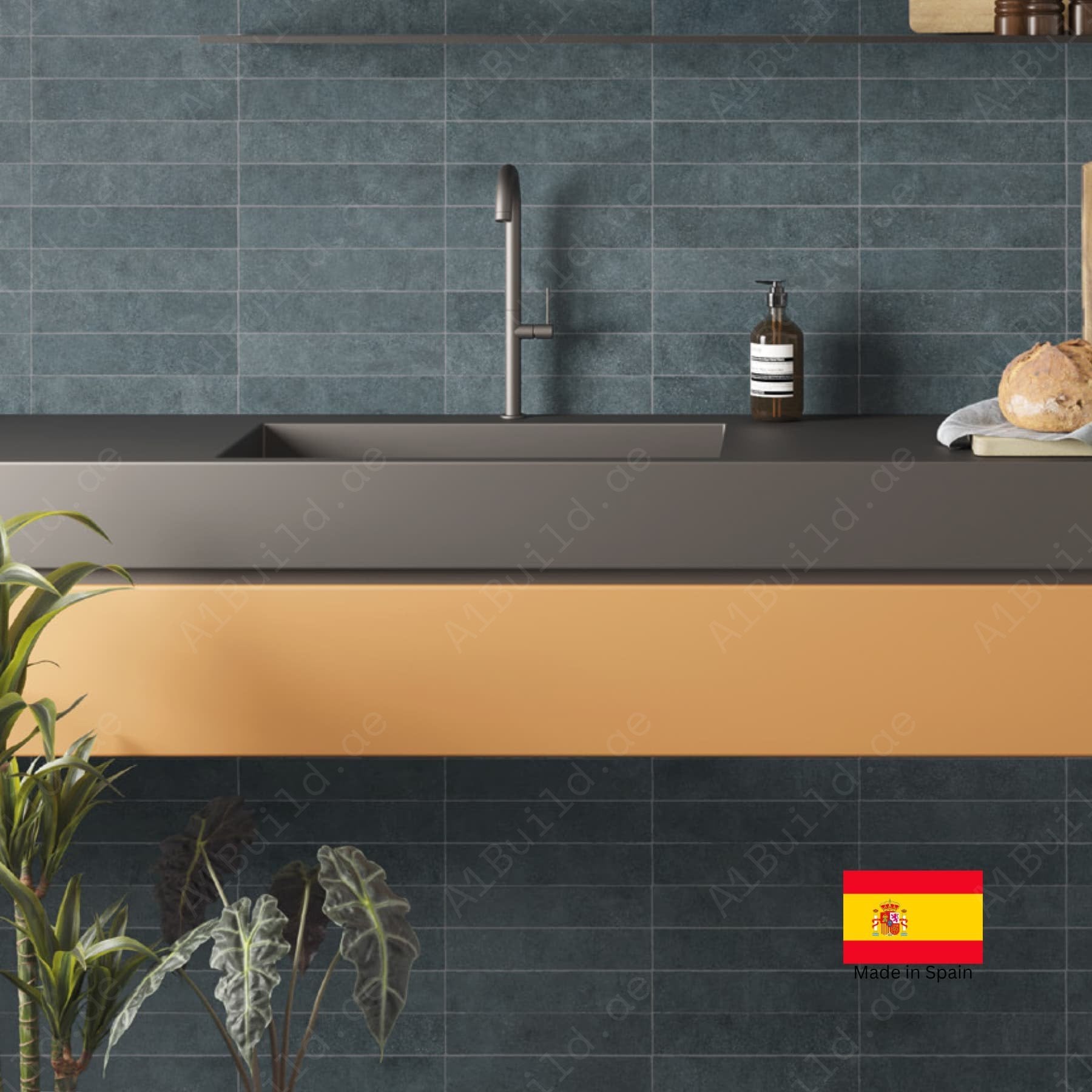 Stage Denim matt ceramic tiles, 06x30cm, made in Spain. Perfect for indoor walls, kitchens, bathrooms, and outdoor wall designs.