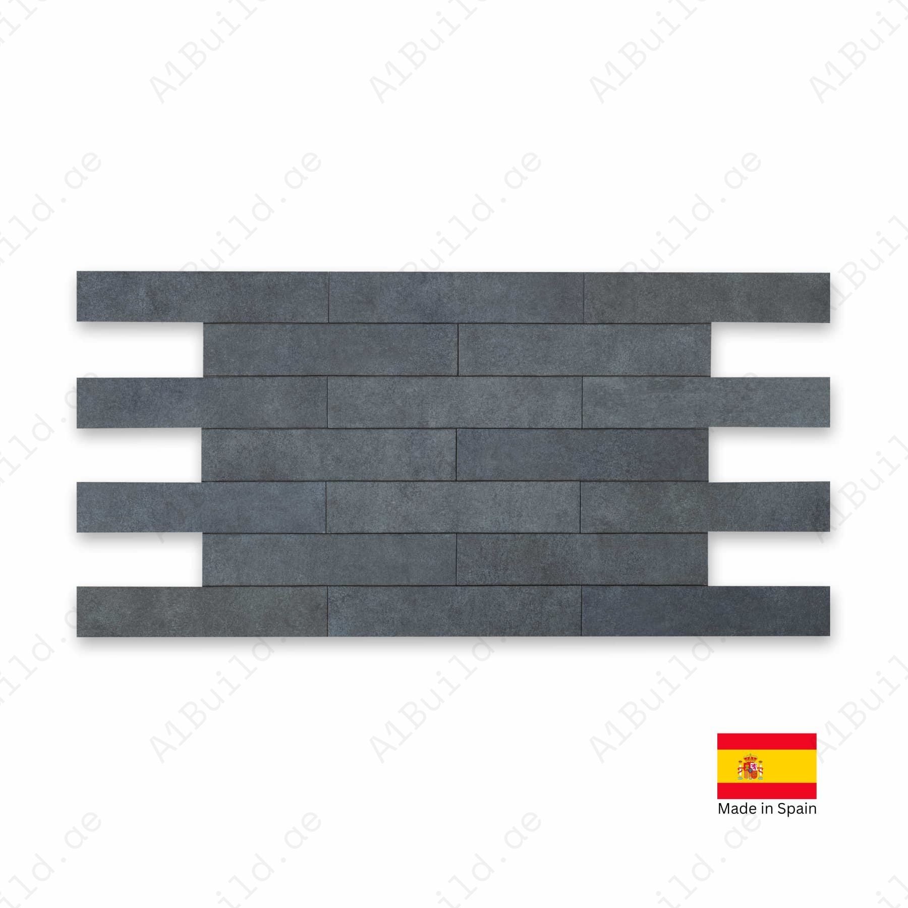 Stage Denim matt ceramic tiles, 06x30cm, made in Spain. Perfect for indoor walls, kitchens, bathrooms, and outdoor wall designs.