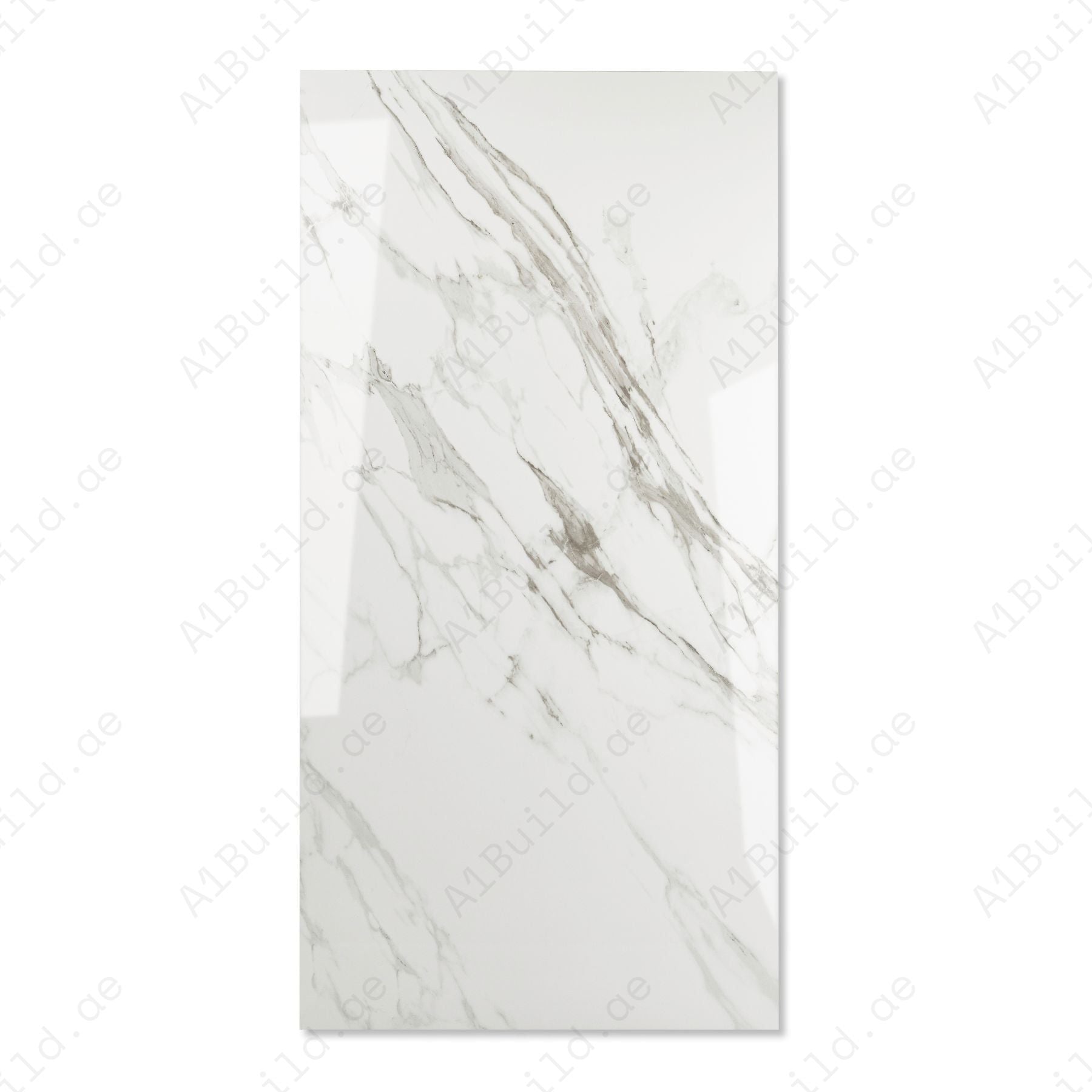 Statuario Classic glossy marble effect porcelain tile 60x120cm with 9mm thickness features white base, elegant grey veining and polished luxury finish.