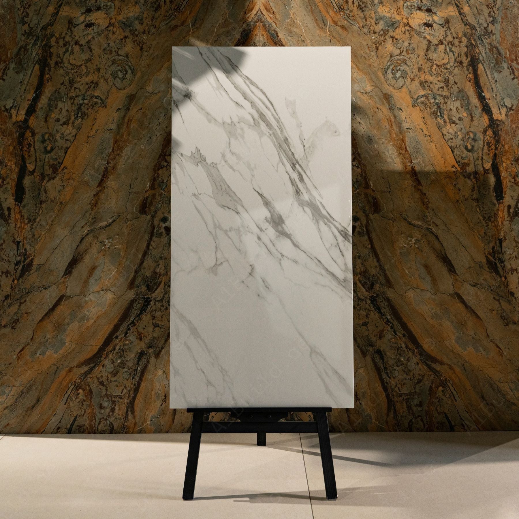 Statuario Classic glossy marble effect porcelain tile 60x120cm with 9mm thickness features white base, elegant grey veining and polished luxury finish.