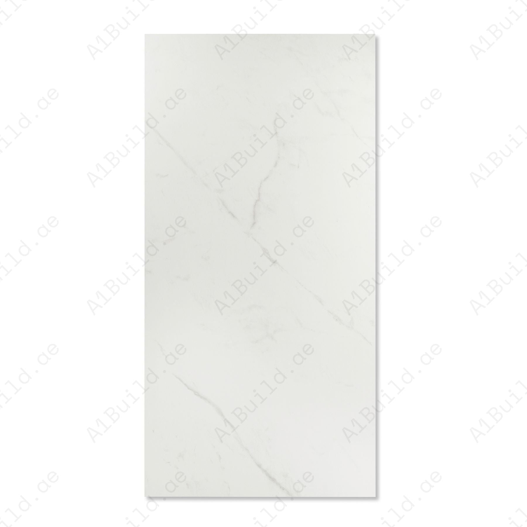 Statuario Pulido matt marble effect porcelain tile 60x120cm with 9mm thickness features white base, soft grey veining and smooth finish.