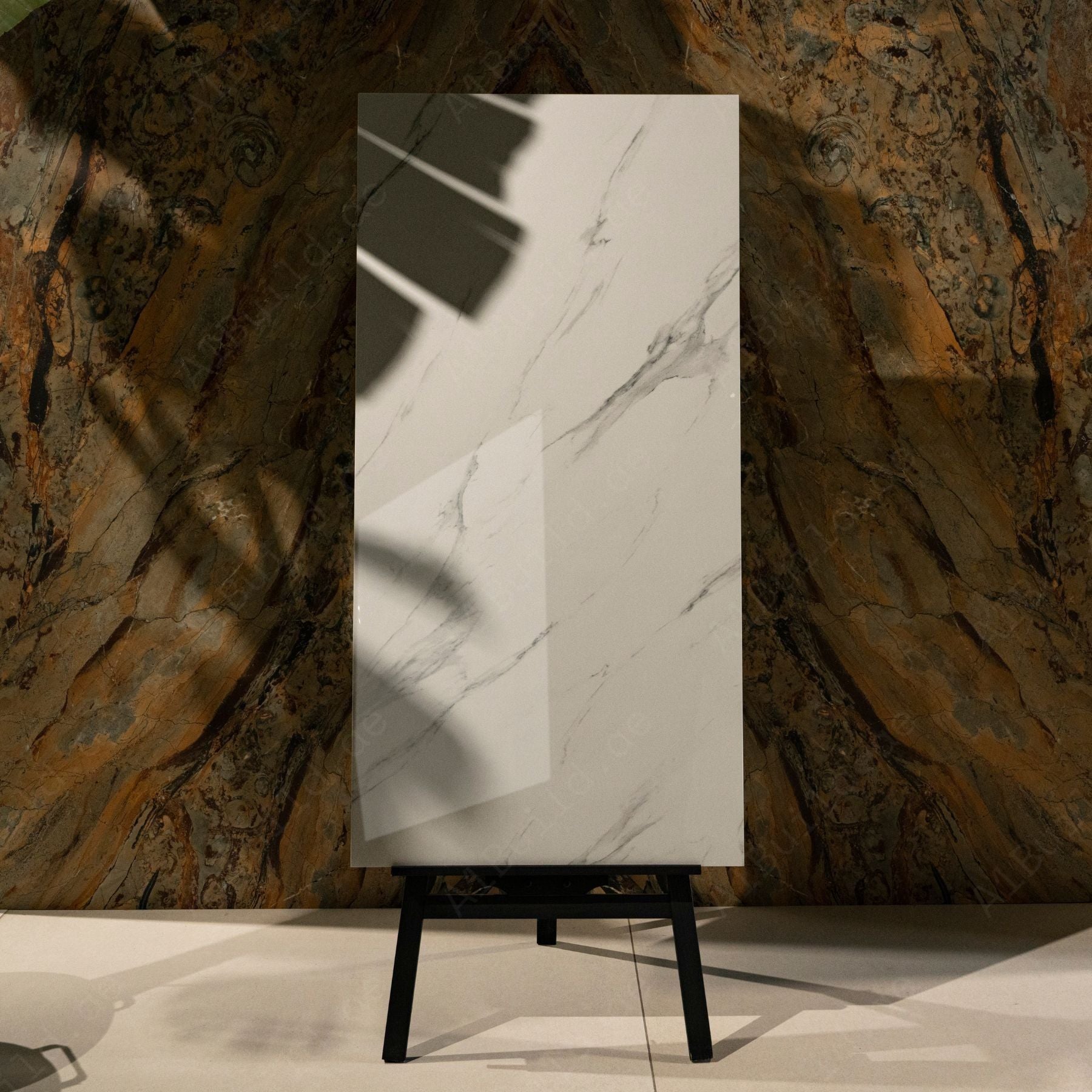 Statuario glossy marble effect porcelain tile 60x120cm with 9mm thickness features bold grey veining, polished shine, and a timeless luxury look for floors and walls.