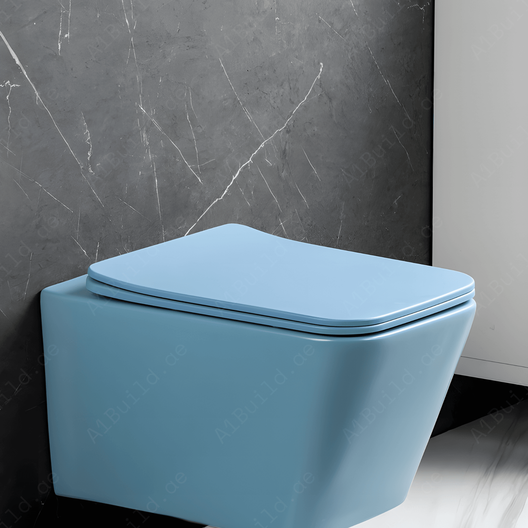 TEINHEIM –UP: RIMLESS WALL HUNG W.C, SIZE: 510*345*340 MM, MATT BLUE STEINHEIM –UP: SLIM DUROPLAST SOFT- CLOSING SEAT AND COVER, MATT BLUE