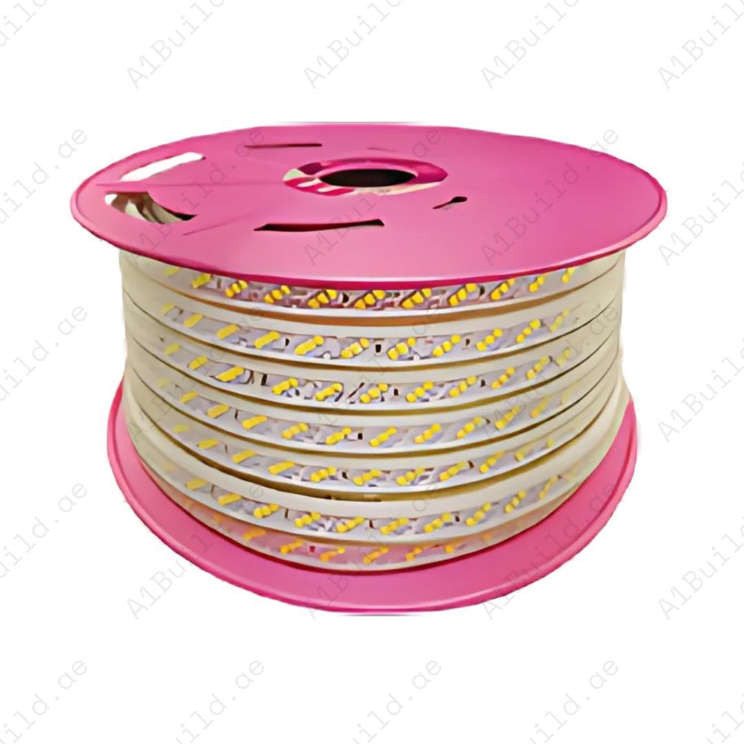 Taj LED strip light, 7W/M, 50M roll with 630–640lm/M brightness. IP65 waterproof, 15,000hrs lifespan, and 80% energy saving. Perfect for indoor & outdoor use.