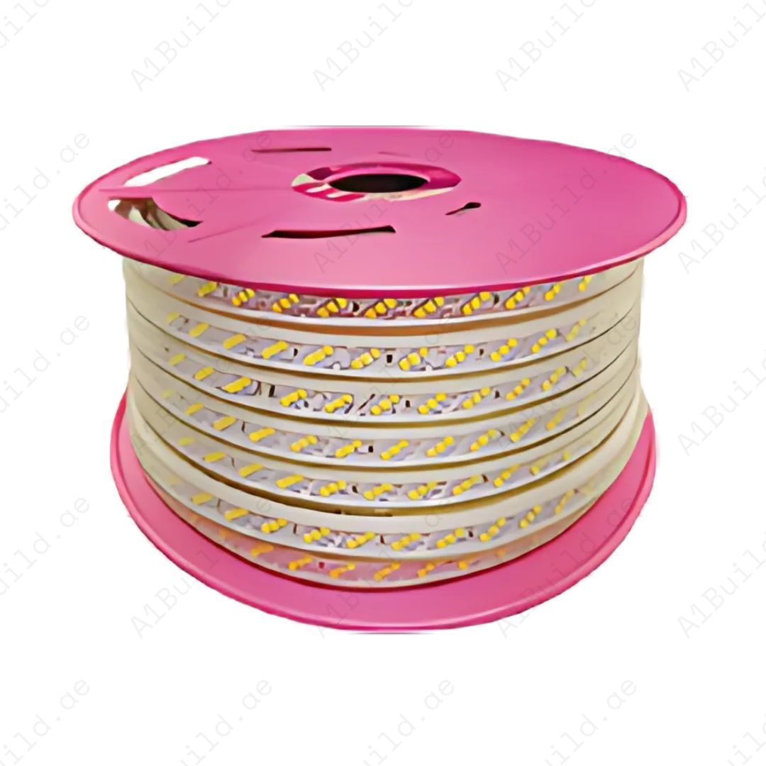 Taj LED strip light, 7W/M, 50M roll with 630–640lm/M brightness. IP65 waterproof, 15,000hrs lifespan, and 80% energy saving. Perfect for indoor & outdoor use.