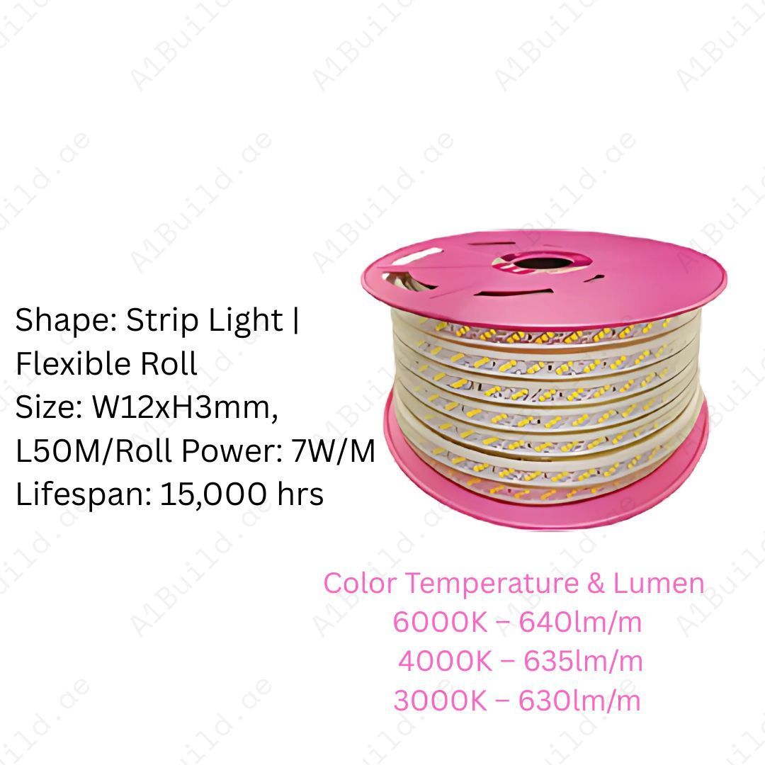 Taj LED strip light, 7W/M, 50M roll with 630–640lm/M brightness. IP65 waterproof, 15,000hrs lifespan, and 80% energy saving. Perfect for indoor & outdoor use.