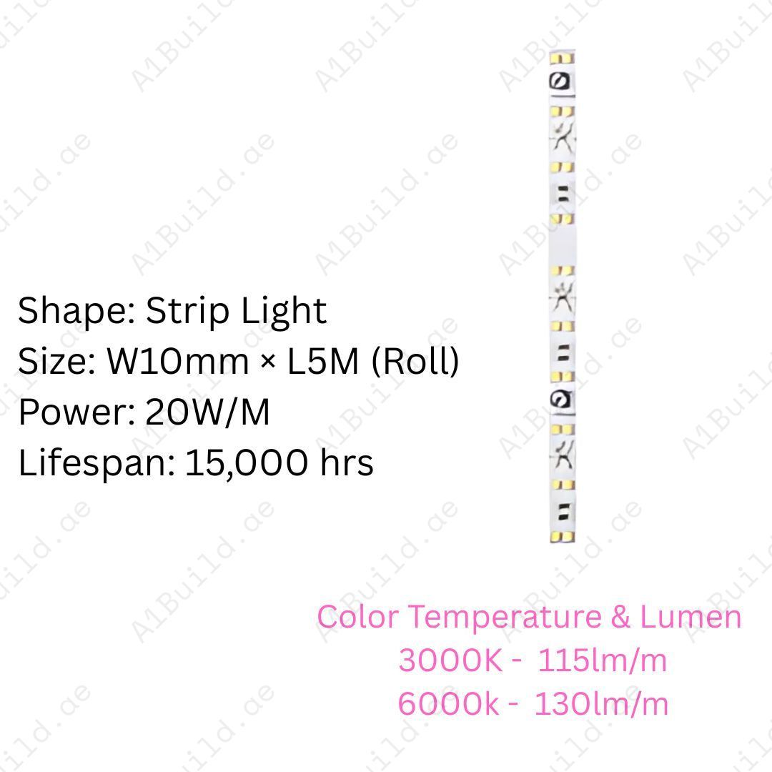 Tala 20W/M LED Strip Light with 3000K & 6000K options. 5M flexible roll, 240 LEDs/M, DC 24V, 15,000hrs lifespan & energy-saving design.