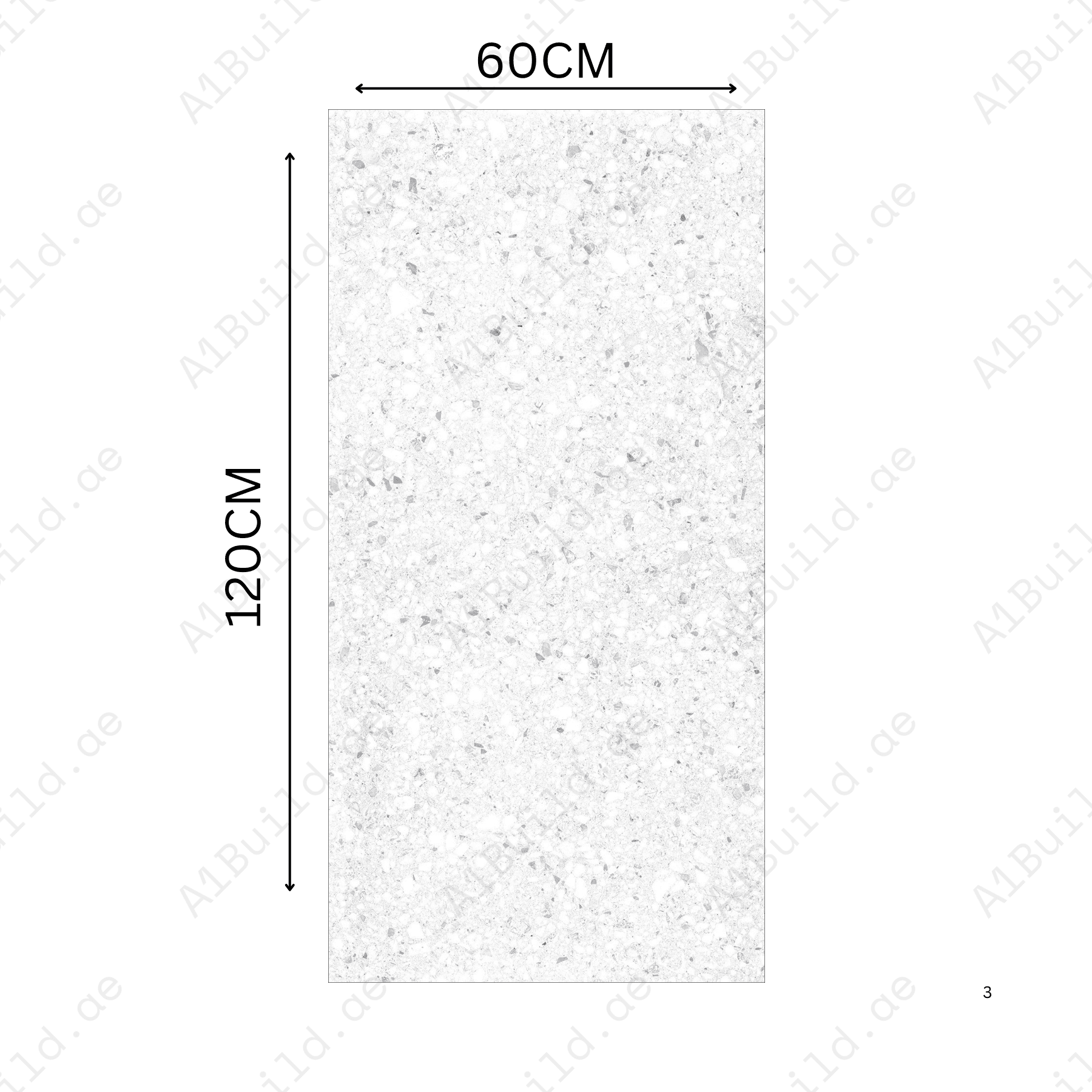 Terrazo Bianco 60x120cm porcelain tile, 20mm thick with R11 rough matt finish. Elegant terrazzo look, ideal for outdoor and high-traffic spaces.