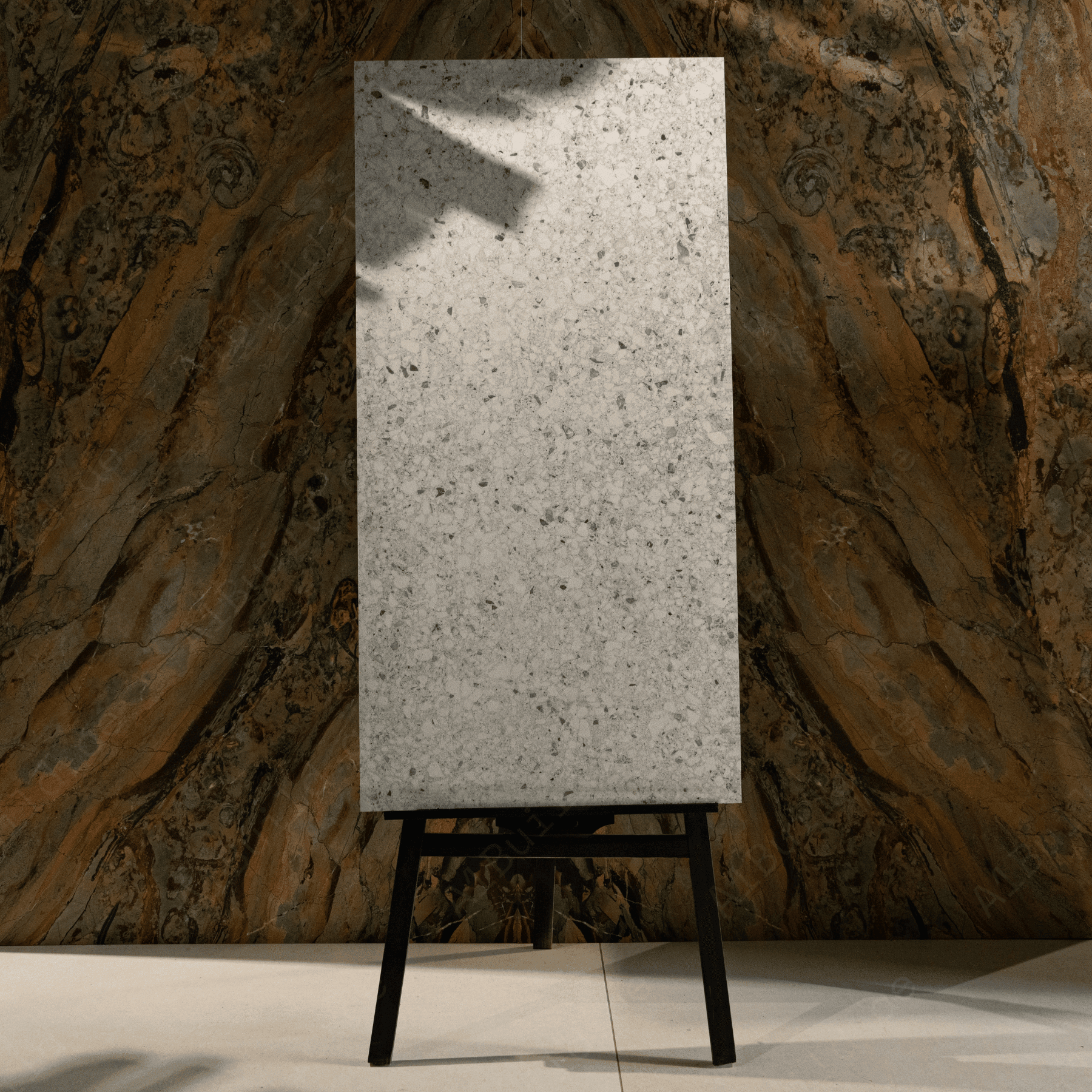 Terrazo Bianco porcelain tile 60x120cm 20mm thickness, terrazzo look design, durable porcelain tile for indoor and outdoor floors.