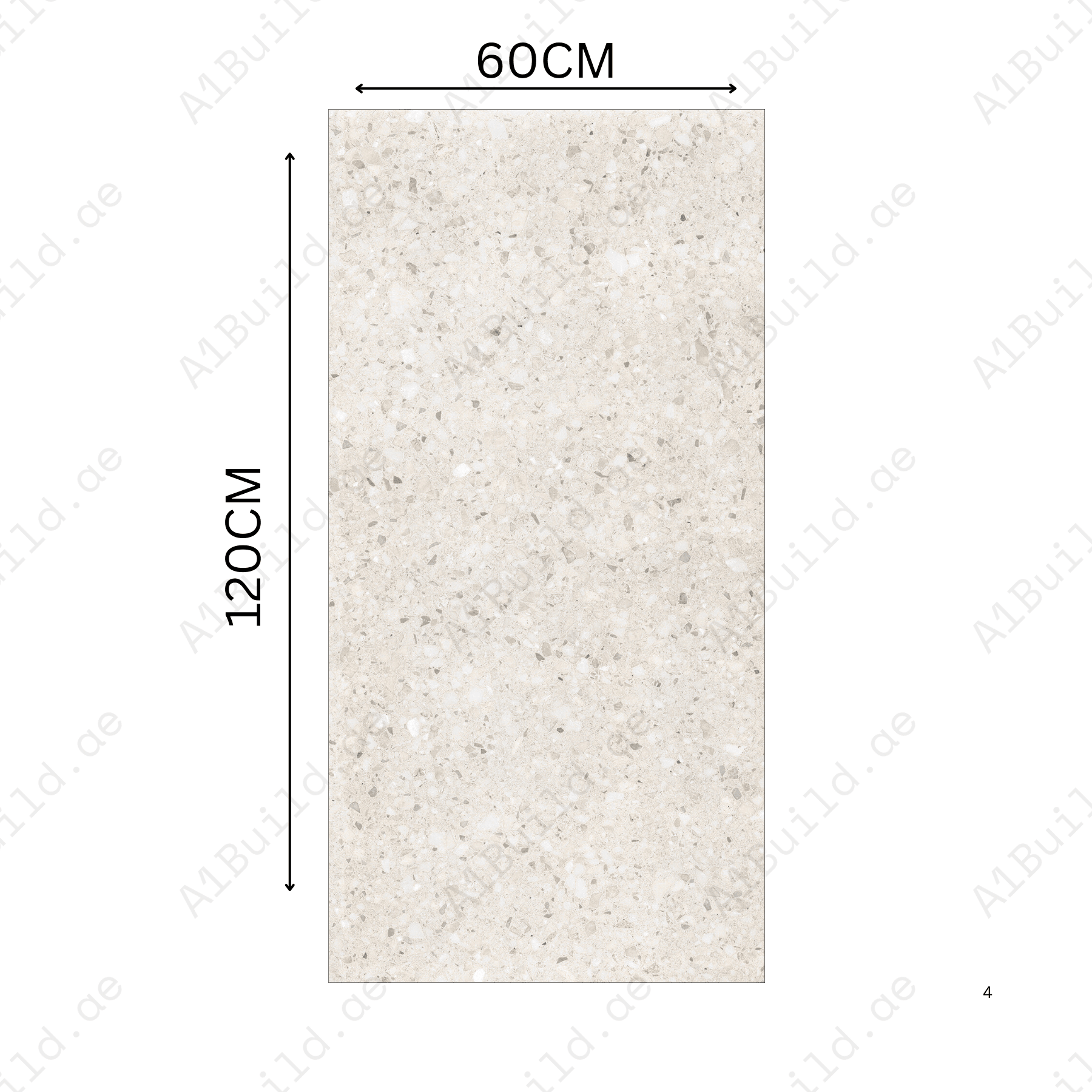 Terrazo Crema 60x120cm porcelain tile, 20mm thick with R11 slip-resistant rough matt finish. Classic terrazzo look, perfect for outdoor spaces.