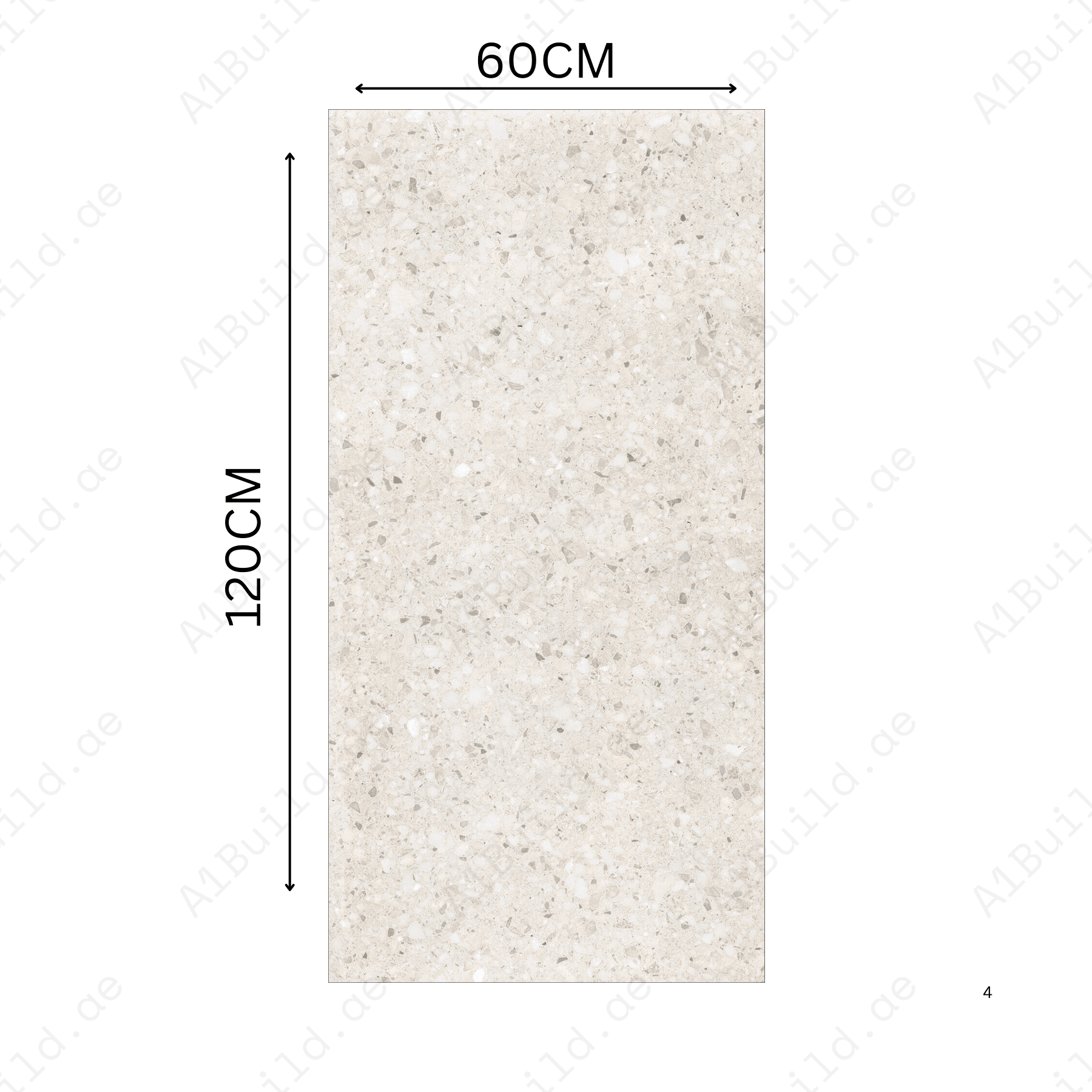 Terrazo Crema 60x120cm porcelain tile, 20mm thick with R11 slip-resistant rough matt finish. Classic terrazzo look, perfect for outdoor spaces.