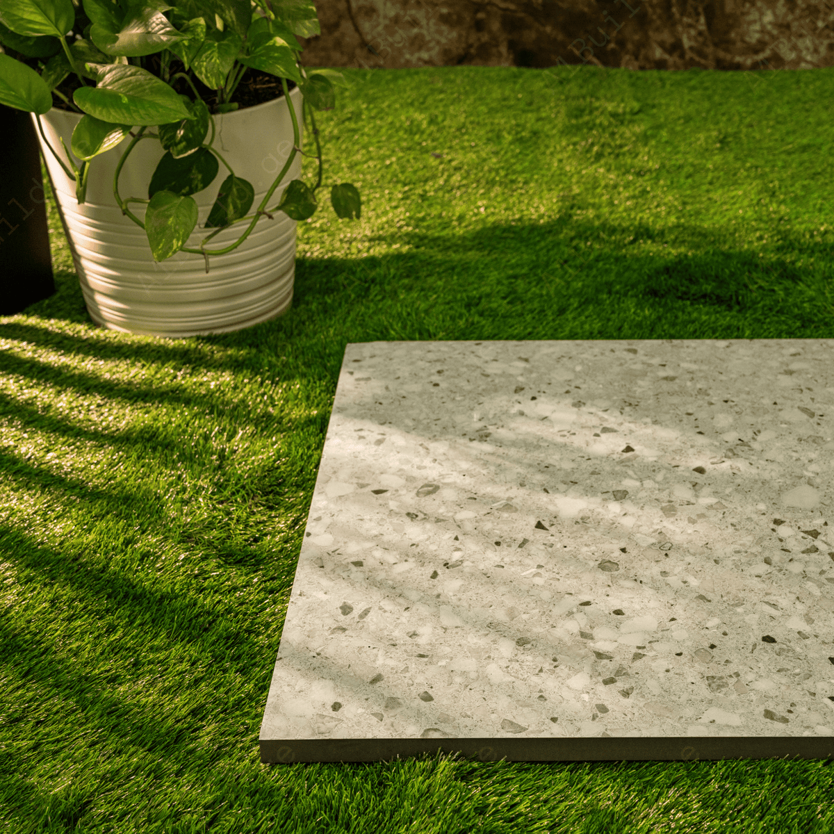 Terrazo Crema porcelain tile 60x120cm 20mm thickness, terrazzo look design, durable porcelain tile for indoor and outdoor floors.