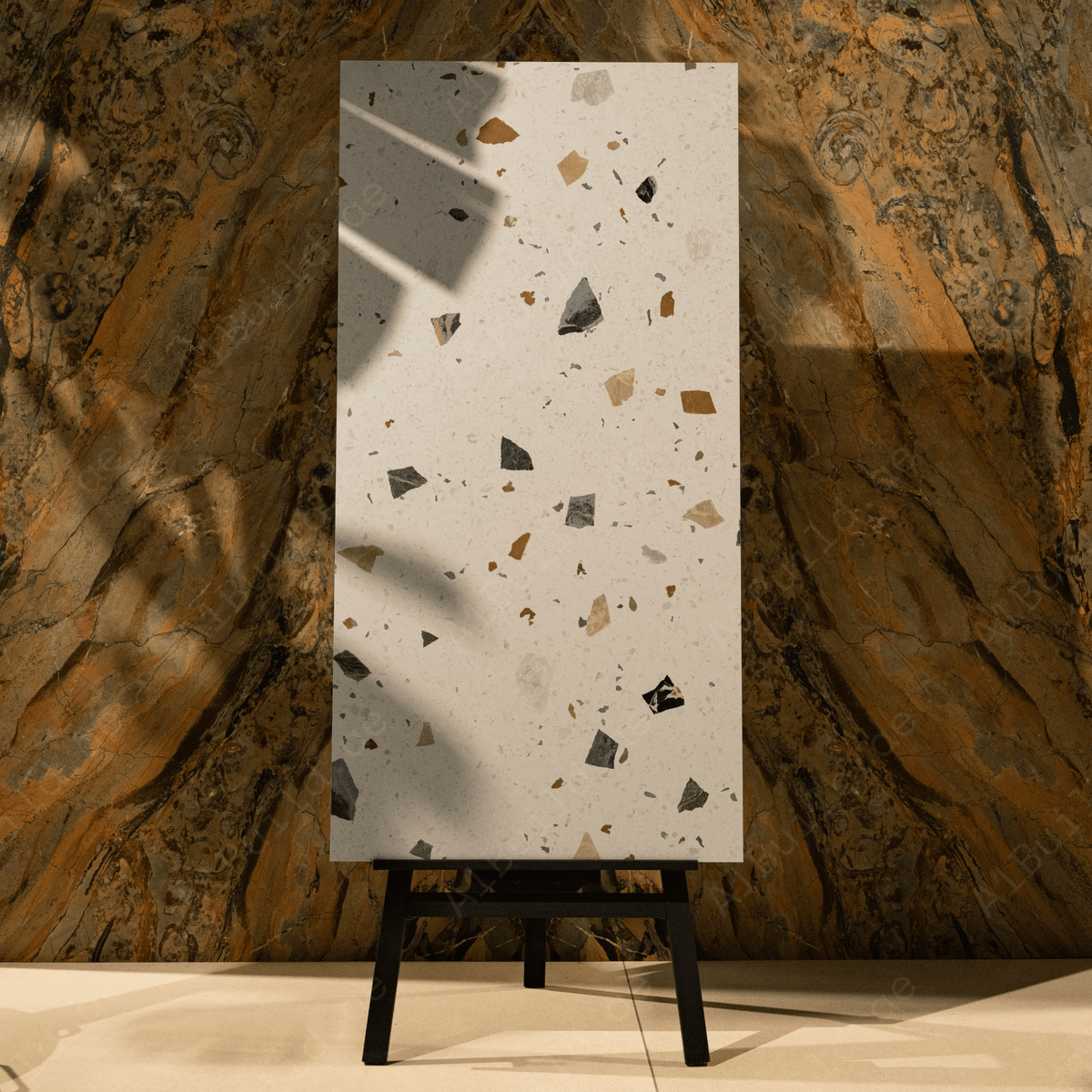 Terrazzo Pastel porcelain tile 60x120cm with 9mm thickness, terrazzo look finish, durable porcelain, ideal for floors and walls.