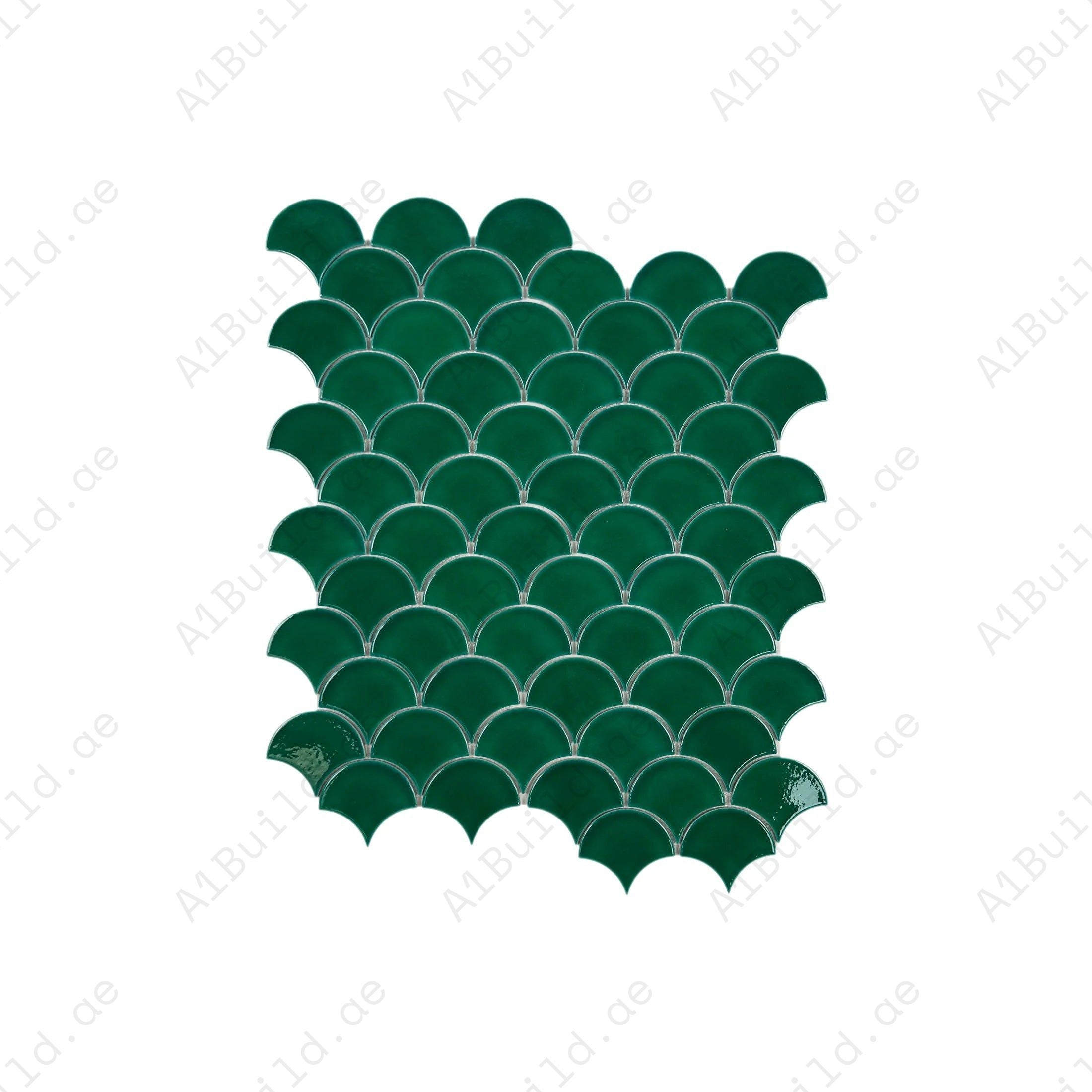 The Verona Grace Forest Green Fan Shape Porcelain Mosaic adds bold color and timeless design, perfect for kitchens, bathrooms, showers, and accent walls.