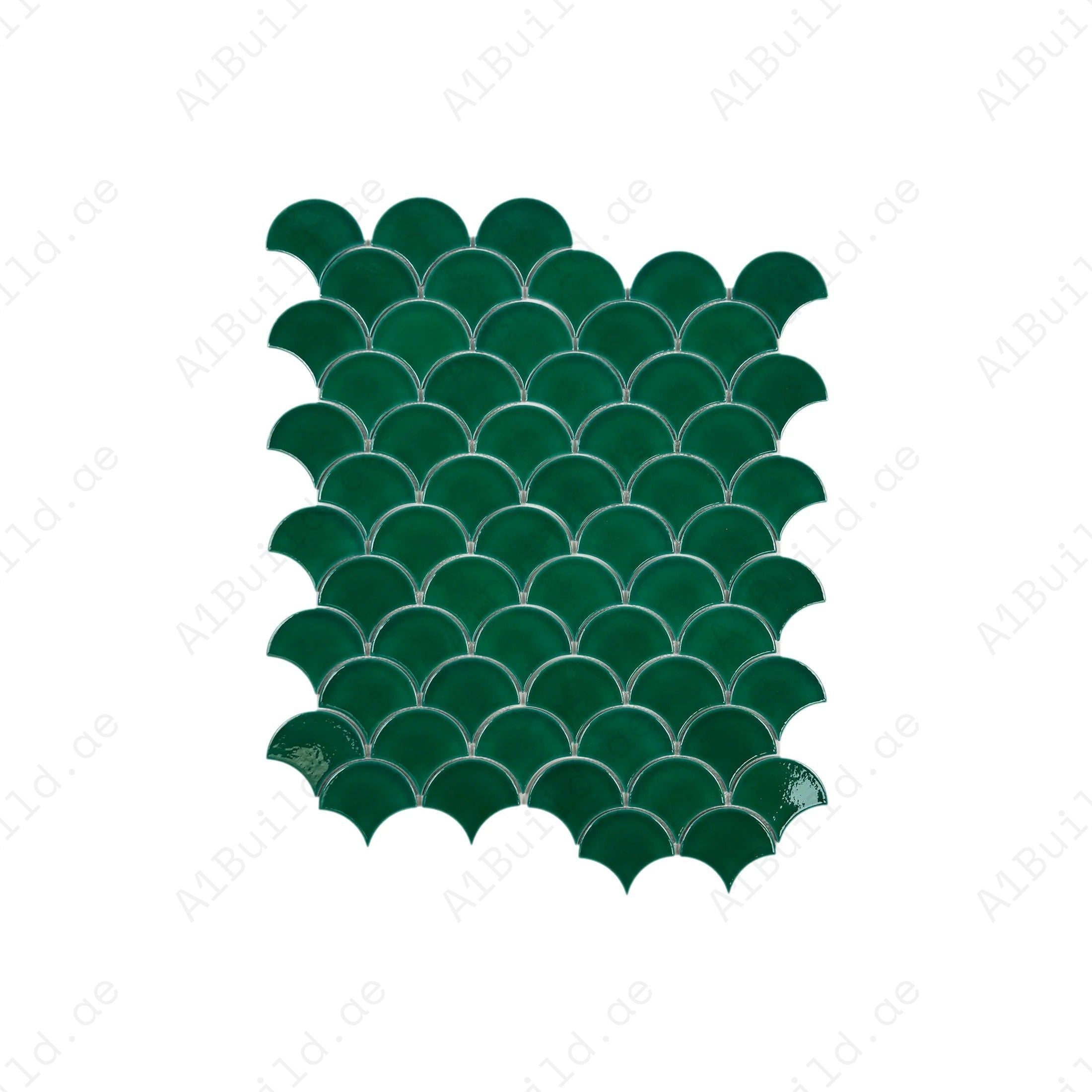 The Verona Grace Forest Green Fan Shape Porcelain Mosaic adds bold color and timeless design, perfect for kitchens, bathrooms, showers, and accent walls.