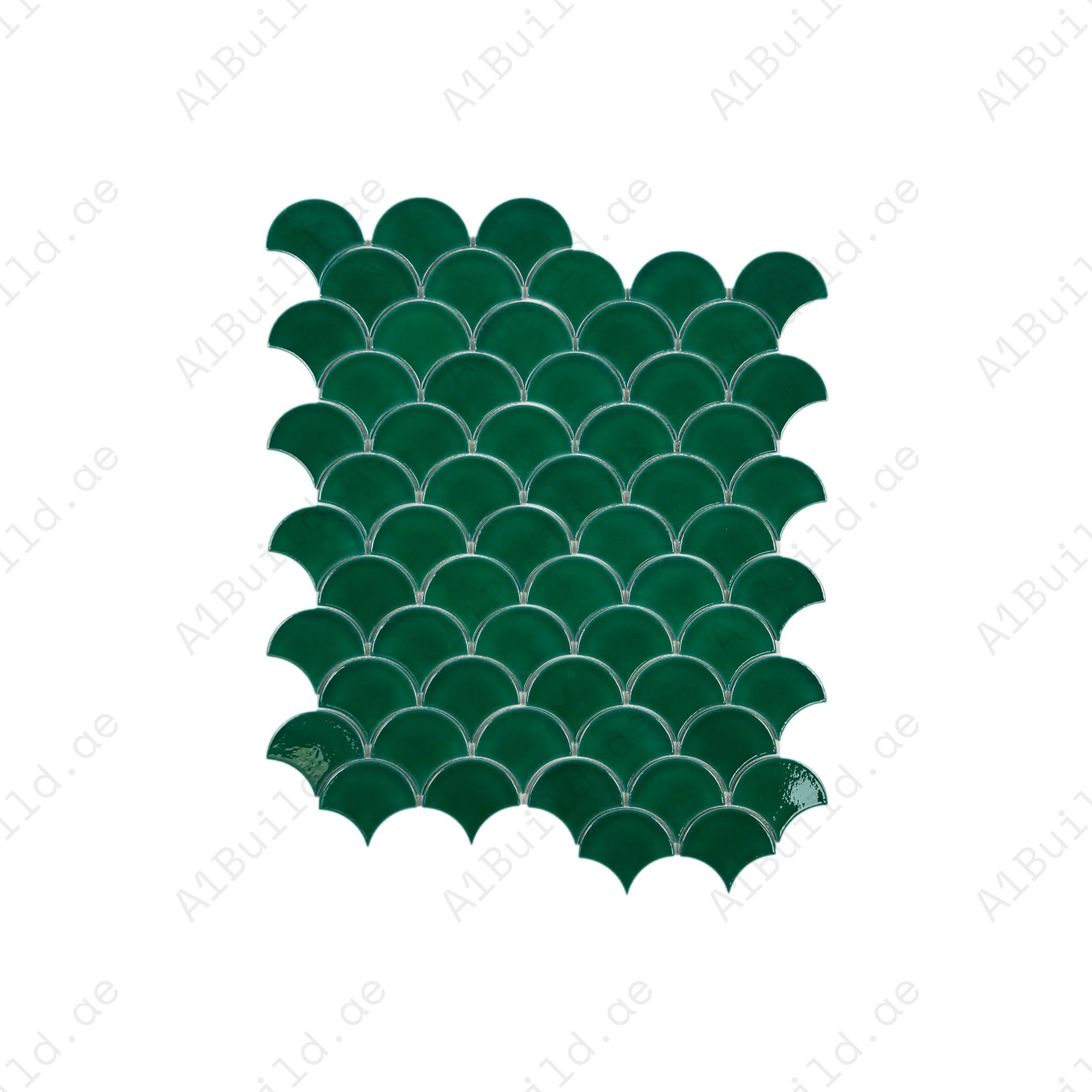 The Verona Grace Forest Green Fan Shape Porcelain Mosaic adds bold color and timeless design, perfect for kitchens, bathrooms, showers, and accent walls.