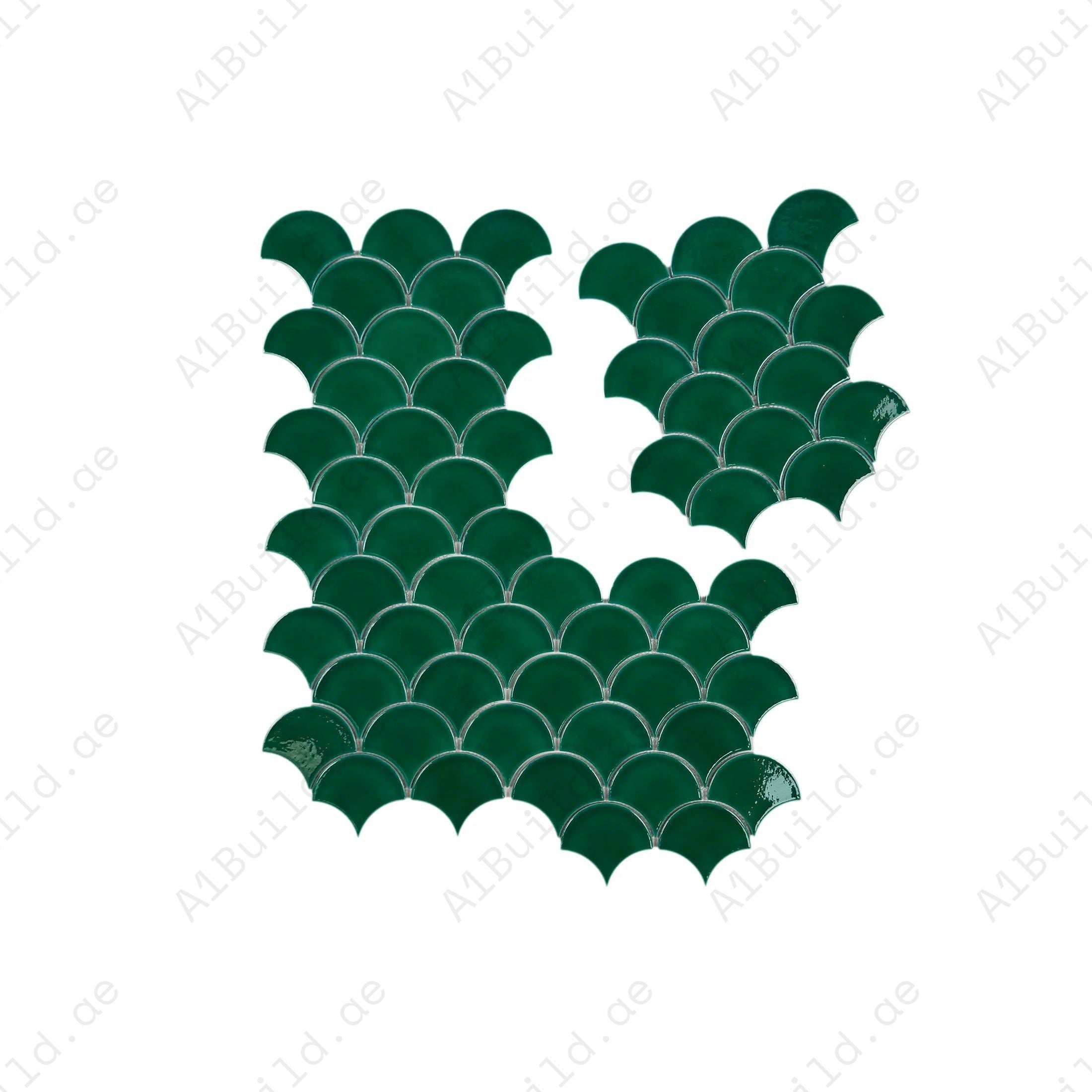 The Verona Grace Forest Green Fan Shape Porcelain Mosaic adds bold color and timeless design, perfect for kitchens, bathrooms, showers, and accent walls.