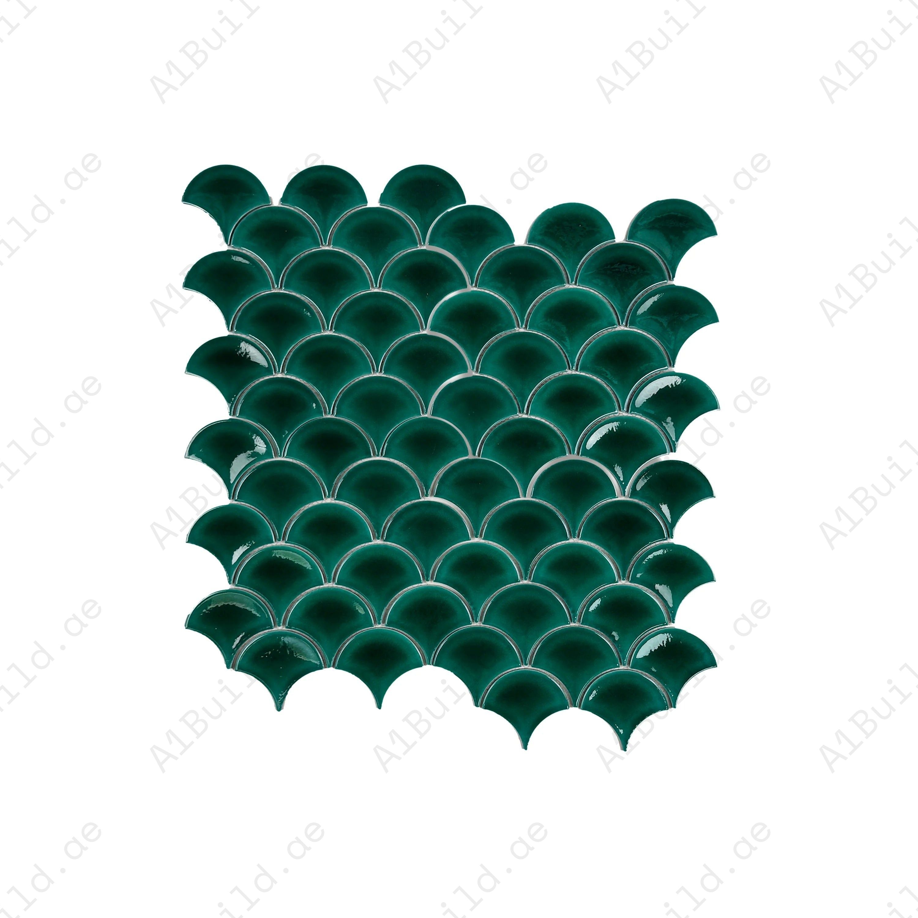 The Verona Grace Pine Green Fan Shape Porcelain Mosaic offers a curved design, glossy finish, and lasting durability, ideal for bathrooms, kitchens, and walls.