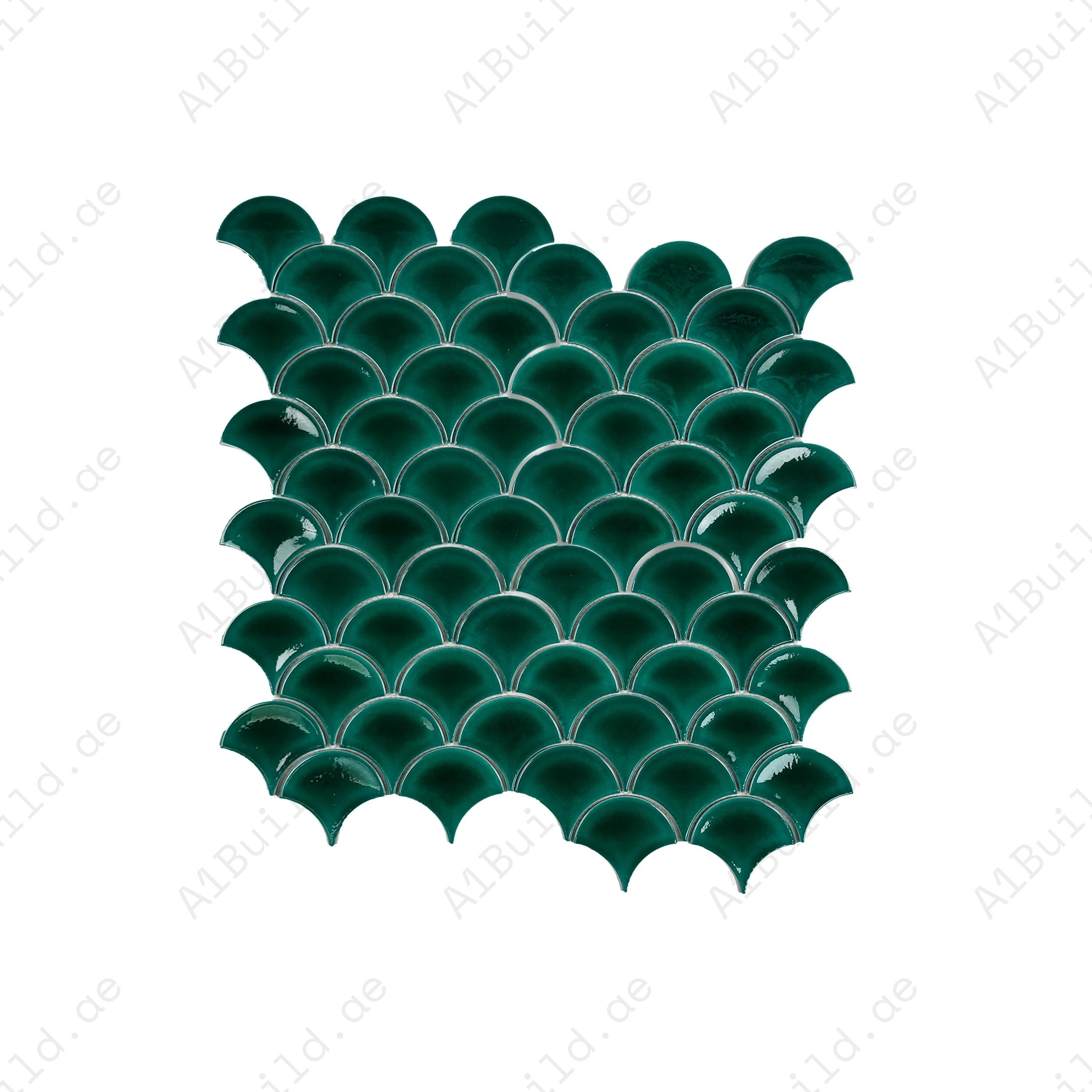 The Verona Grace Pine Green Fan Shape Porcelain Mosaic offers a curved design, glossy finish, and lasting durability, ideal for bathrooms, kitchens, and walls.