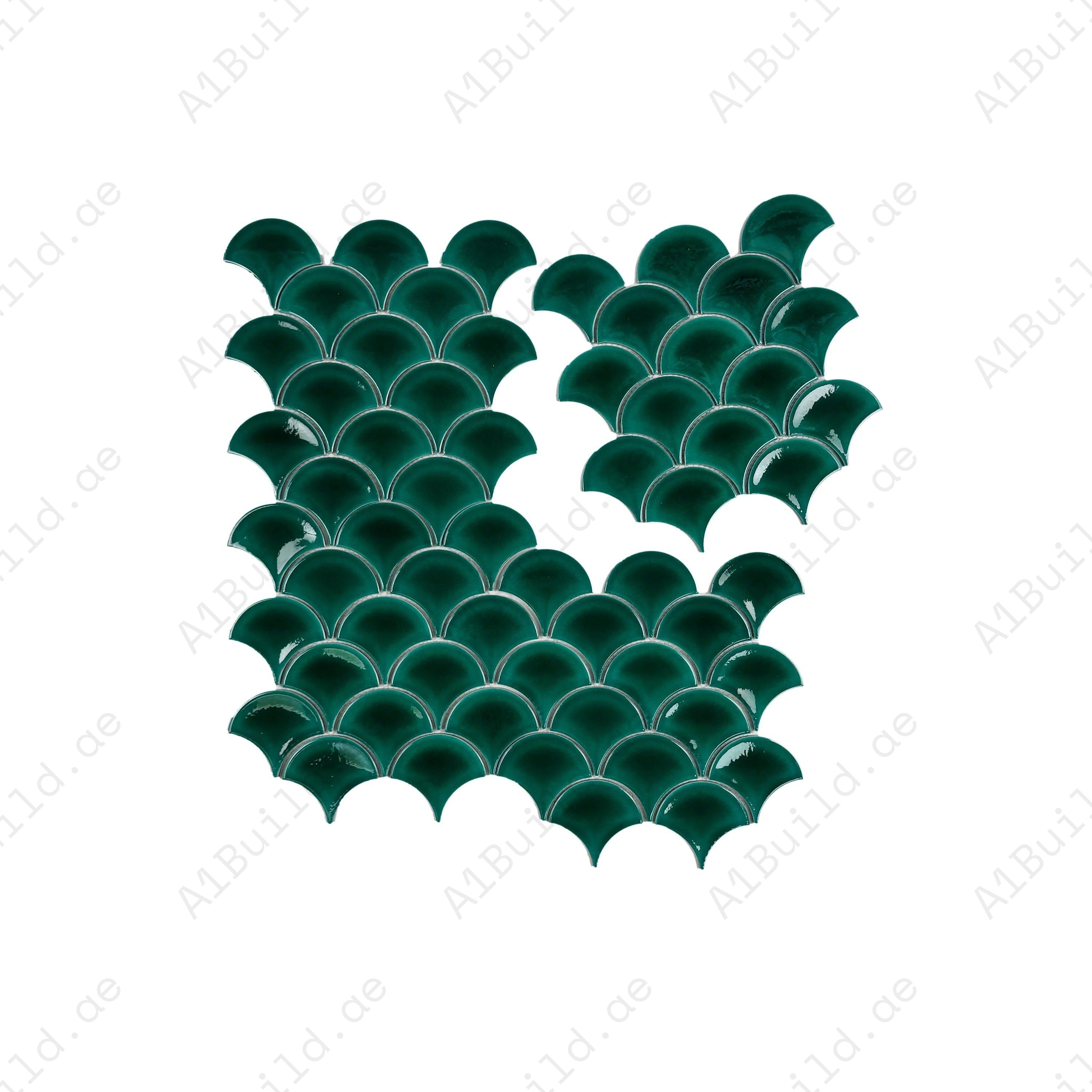 The Verona Grace Pine Green Fan Shape Porcelain Mosaic offers a curved design, glossy finish, and lasting durability, ideal for bathrooms, kitchens, and walls.