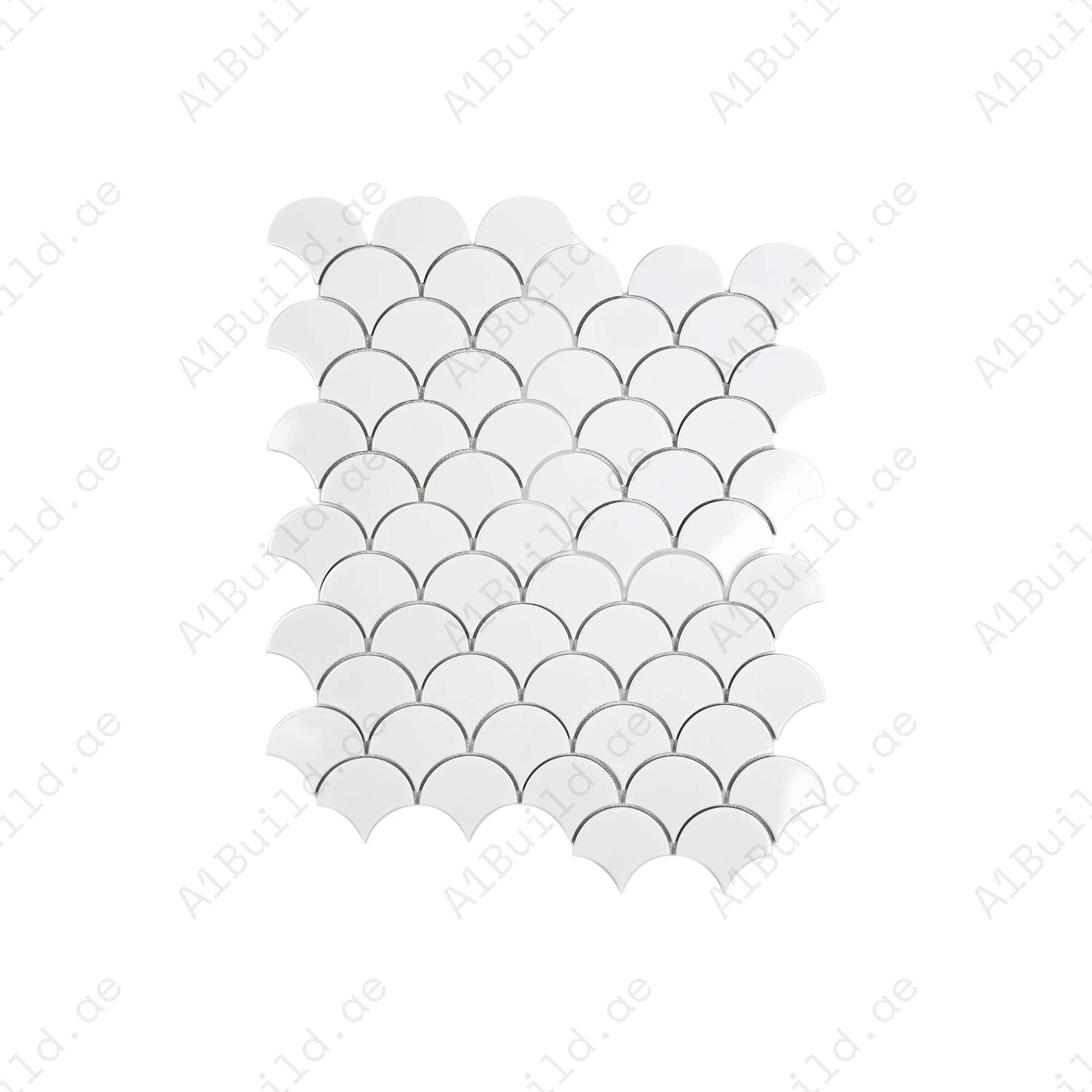 The Verona Grace Pure White Fan Shape Porcelain Mosaic blends elegance, glossy finish, and durability, perfect for bathrooms, kitchens, and decorative walls.