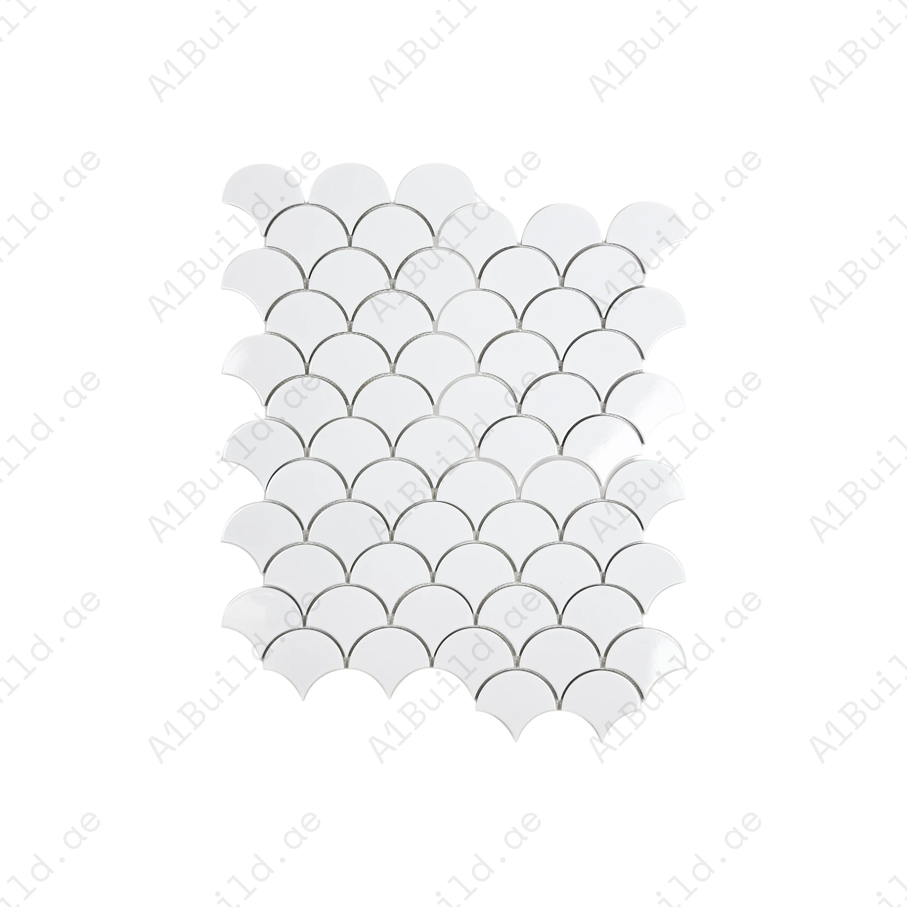 The Verona Grace Pure White Fan Shape Porcelain Mosaic blends elegance, glossy finish, and durability, perfect for bathrooms, kitchens, and decorative walls.