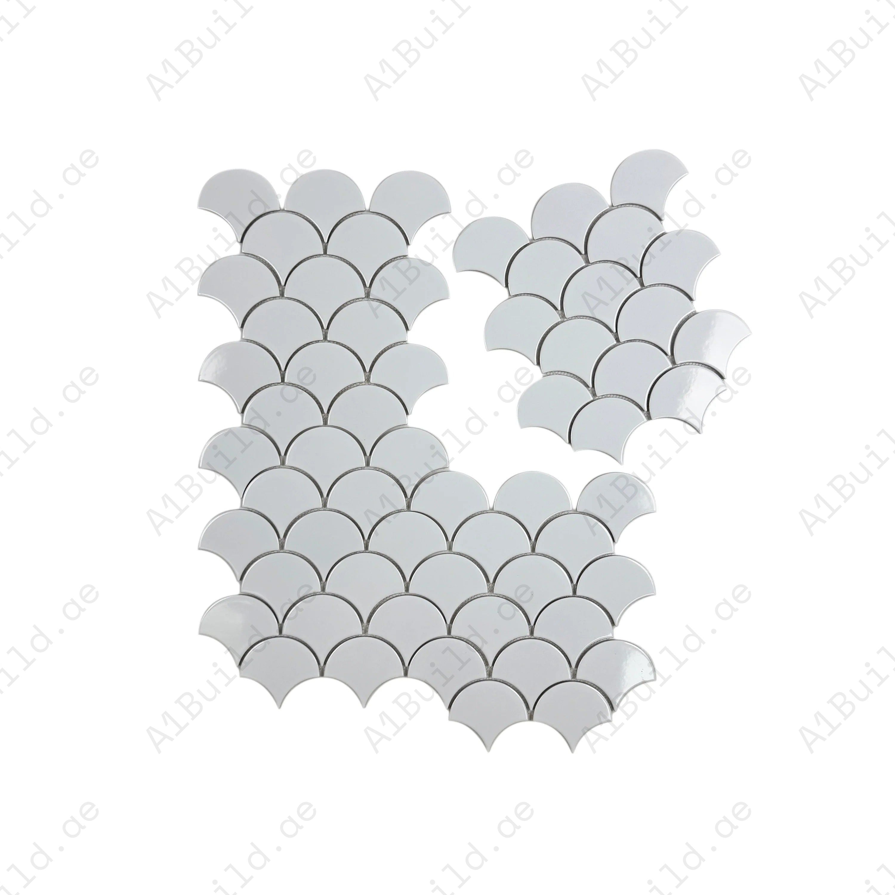 The Verona Grace Pure White Fan Shape Porcelain Mosaic blends elegance, glossy finish, and durability, perfect for bathrooms, kitchens, and decorative walls.