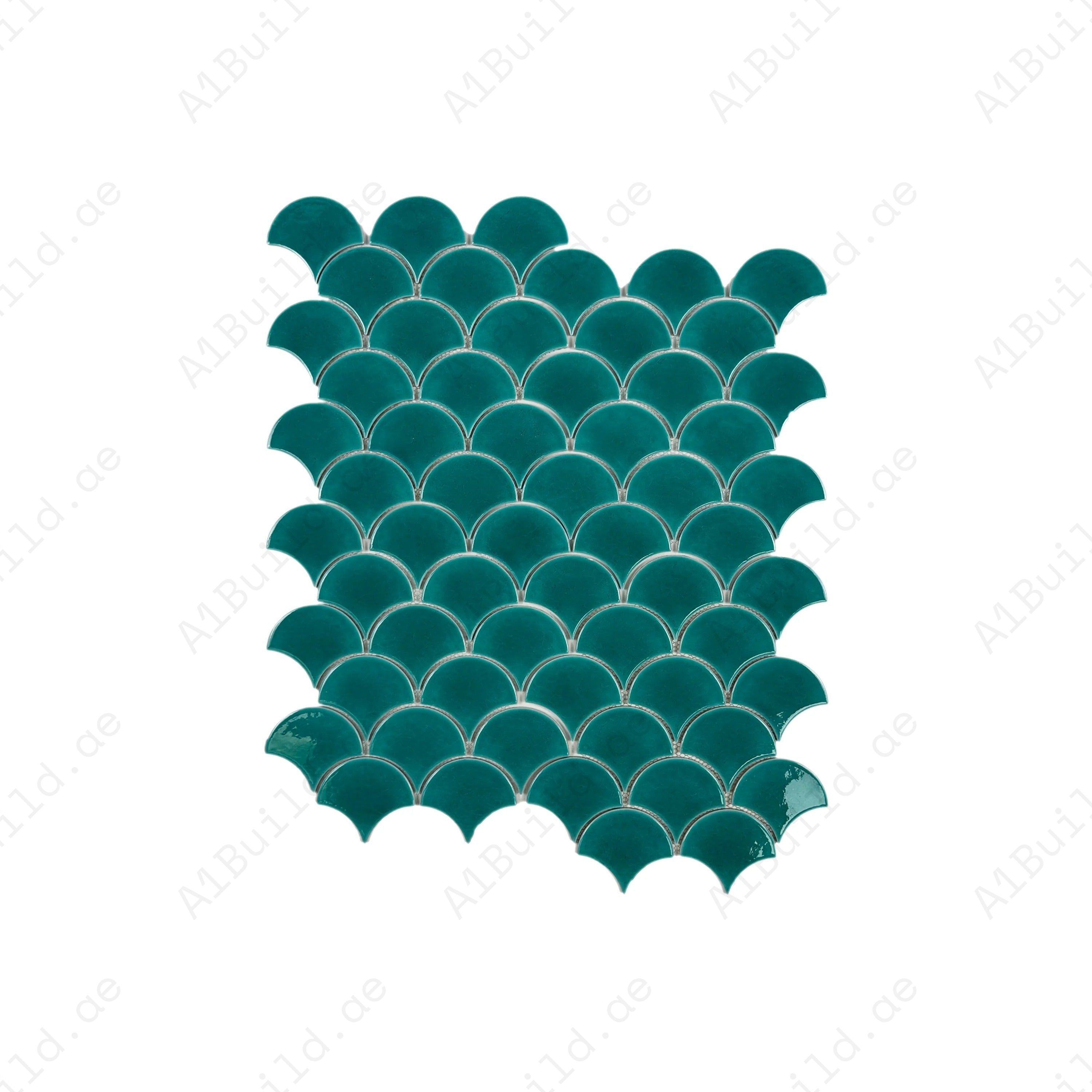 The Verona Grace Tiffany Blue Fan Shape Porcelain Mosaic showcases a bold curved design, glossy finish, and durability, ideal for kitchens, bathrooms, and walls.