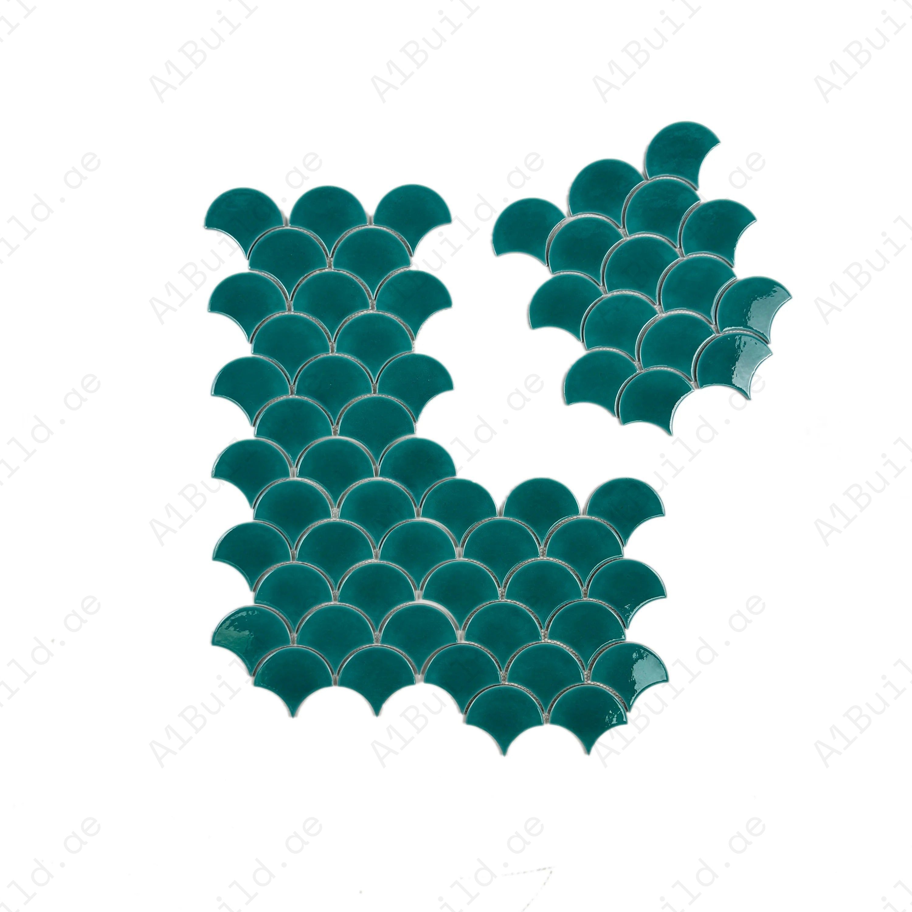The Verona Grace Tiffany Blue Fan Shape Porcelain Mosaic showcases a bold curved design, glossy finish, and durability, ideal for kitchens, bathrooms, and walls.
