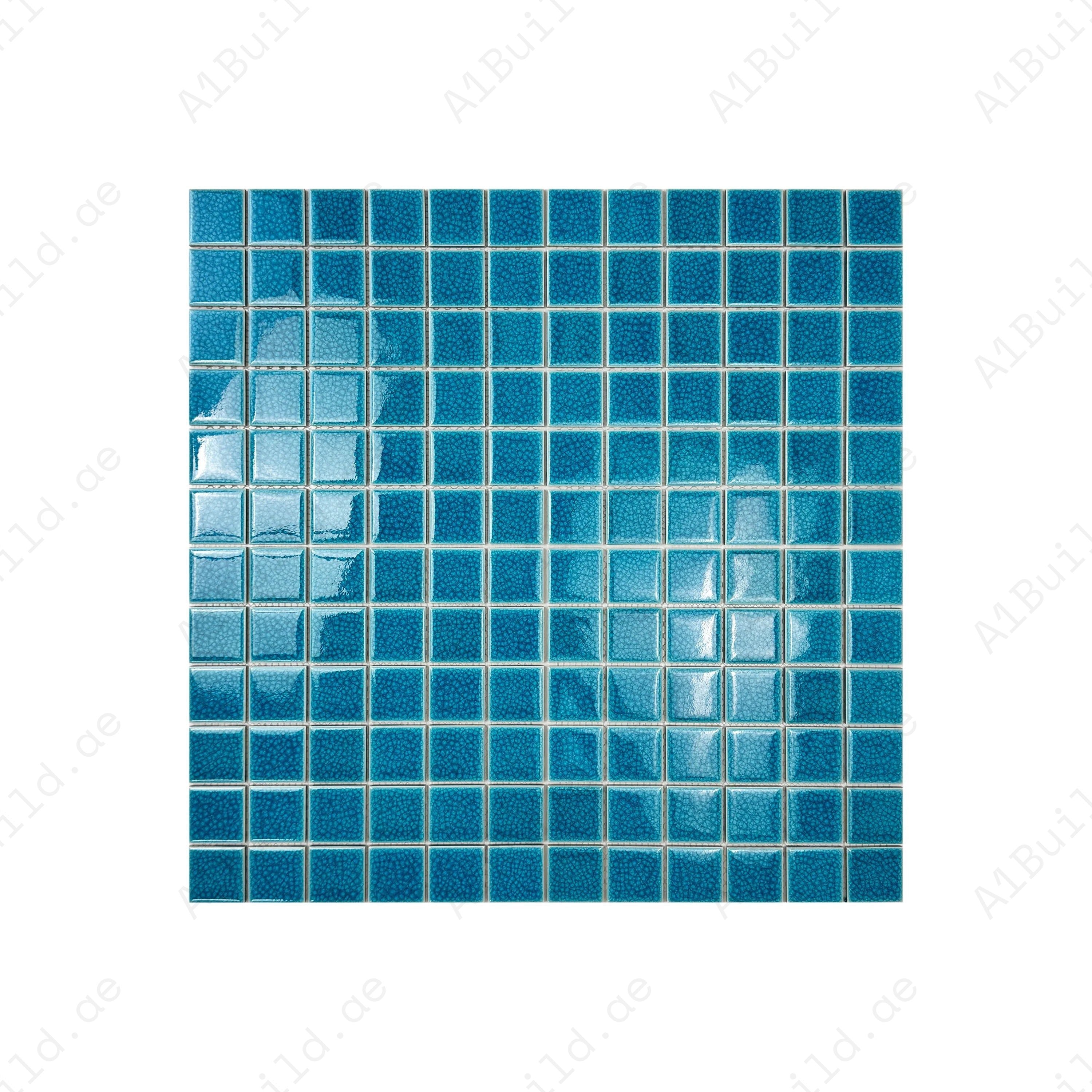 Tiffany Blue Convex Crackle Porcelain Mosaic – Durable, waterproof, UV-resistant tiles for luxury swimming pools, spas, and aquatic feature walls in Dubai.