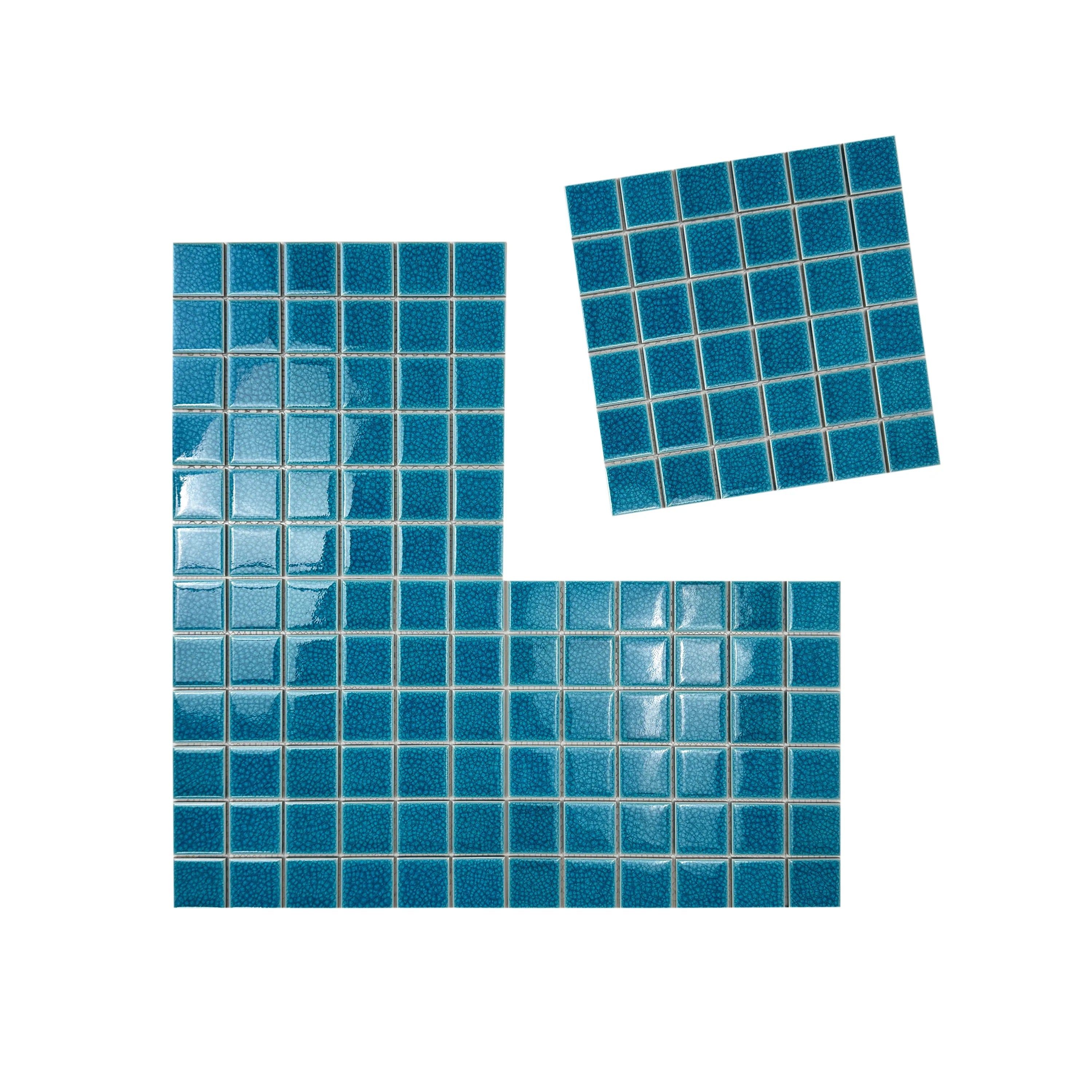 Tiffany Blue Convex Crackle Porcelain Mosaic – Durable, waterproof, UV-resistant tiles for luxury swimming pools, spas, and aquatic feature walls in Dubai.