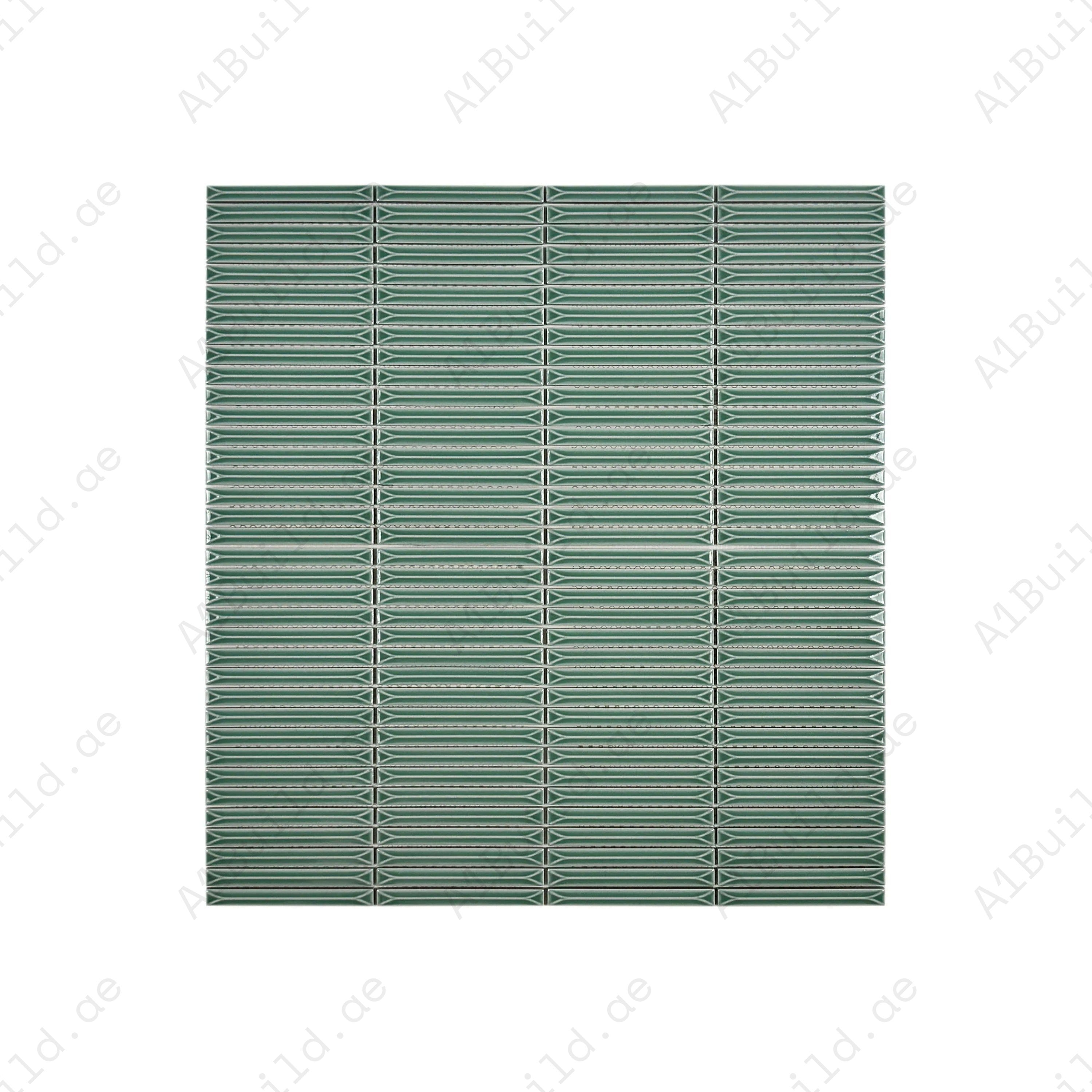 Tiffany Blue beveled glossy porcelain mosaic with elongated rectangular design. Durable, water-resistant & ideal for walls, backsplashes & modern interiors.