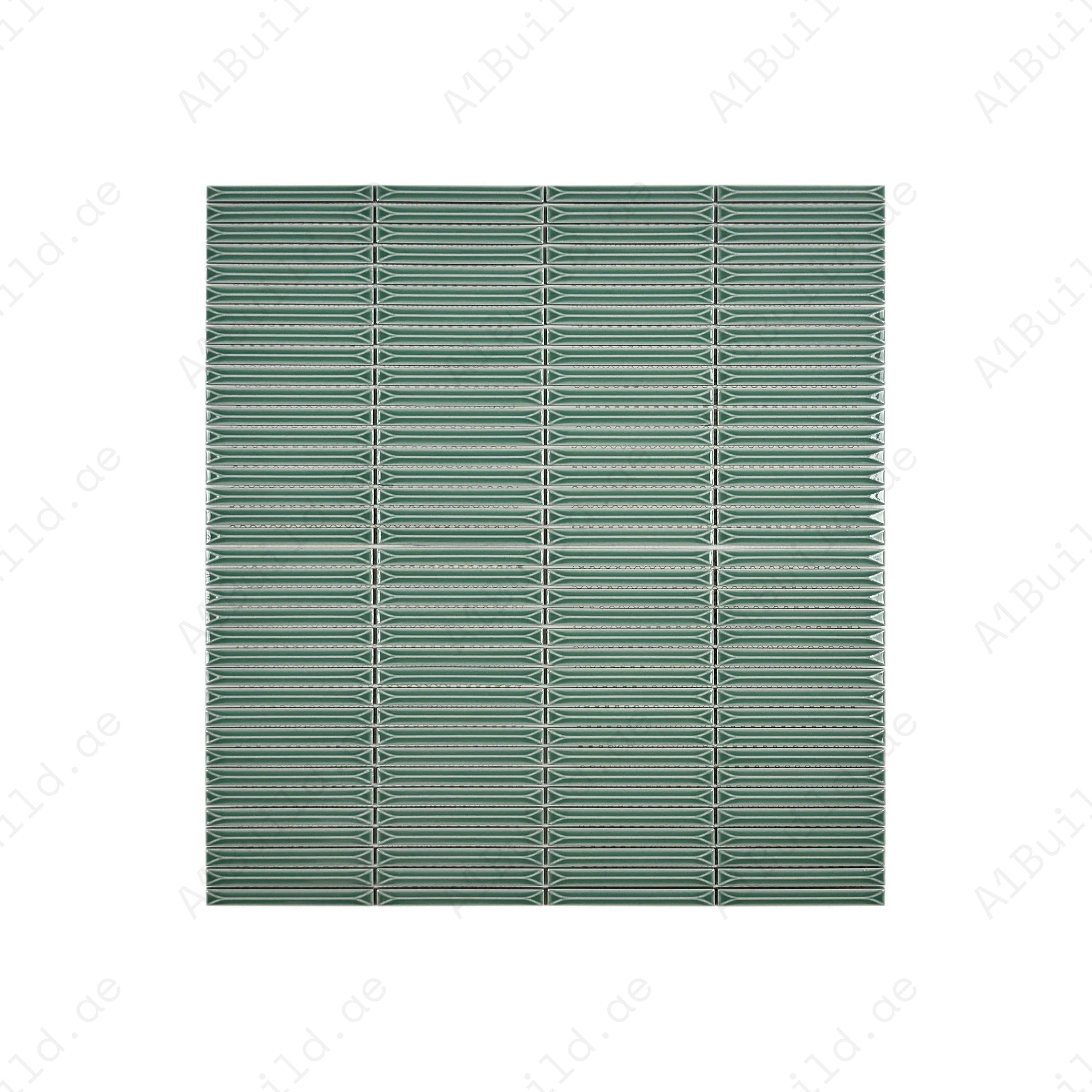 Tiffany Blue beveled glossy porcelain mosaic with elongated rectangular design. Durable, water-resistant & ideal for walls, backsplashes & modern interiors.