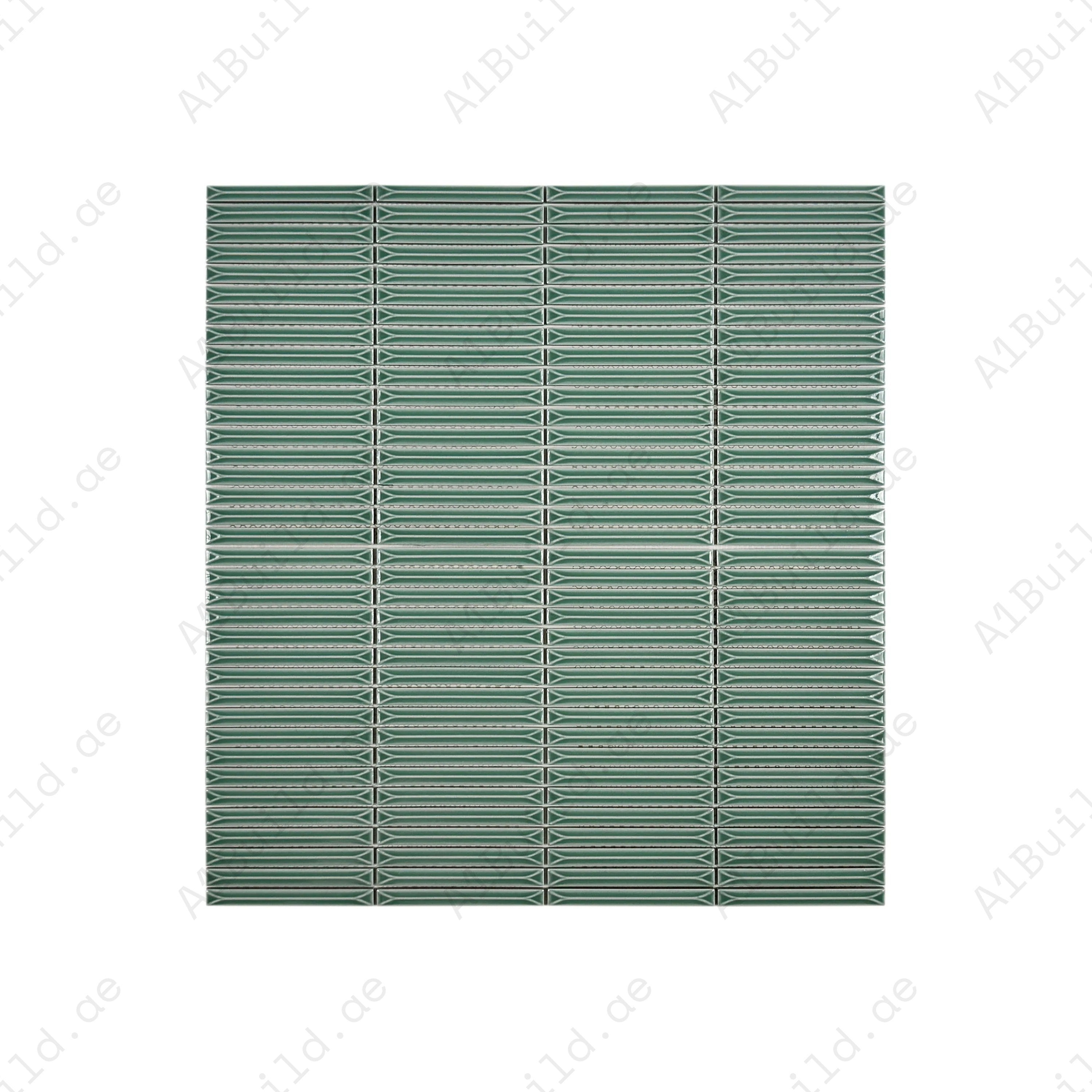 Tiffany Blue beveled glossy porcelain mosaic with elongated rectangular design. Durable, water-resistant & ideal for walls, backsplashes & modern interiors.