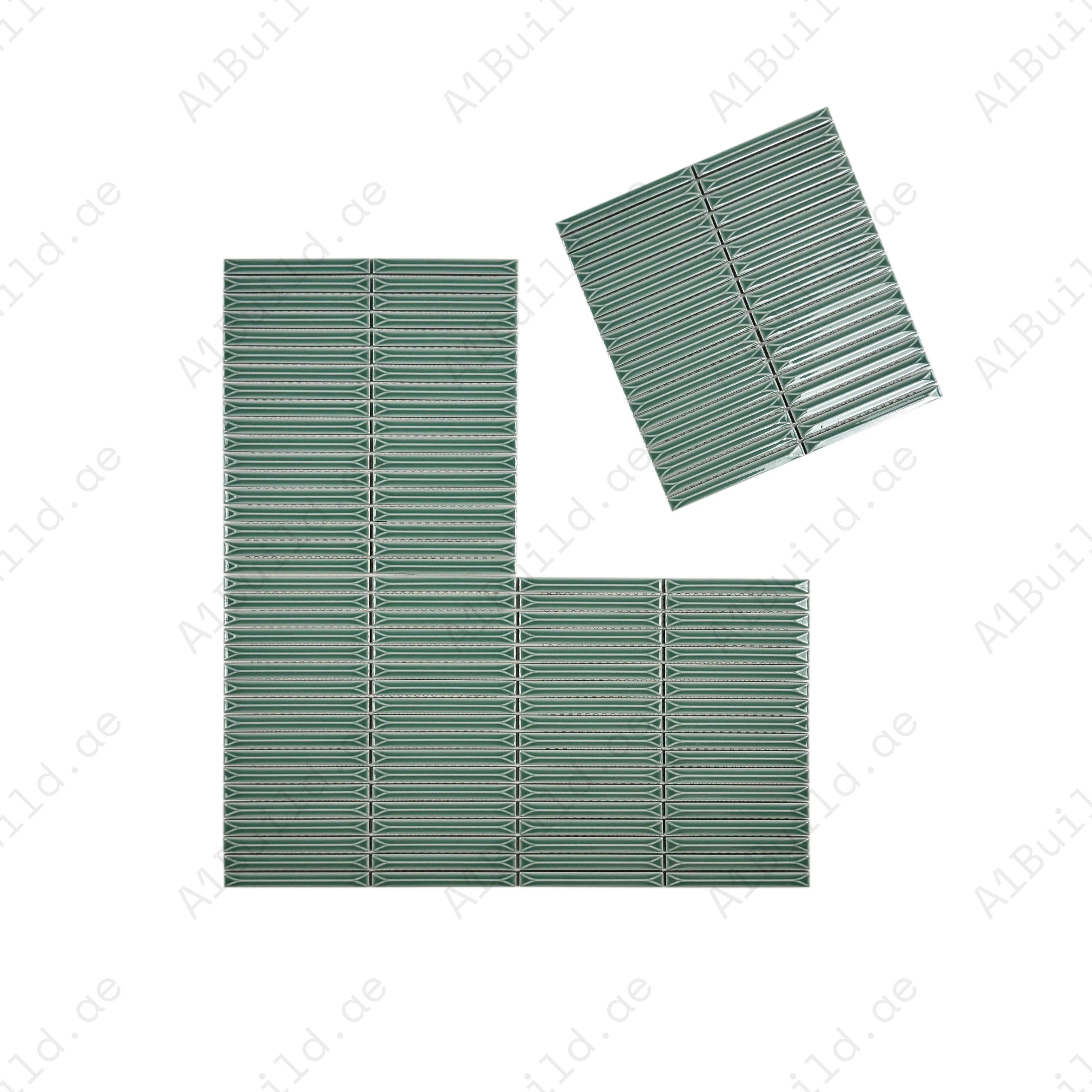 Tiffany Blue beveled glossy porcelain mosaic with elongated rectangular design. Durable, water-resistant & ideal for walls, backsplashes & modern interiors.