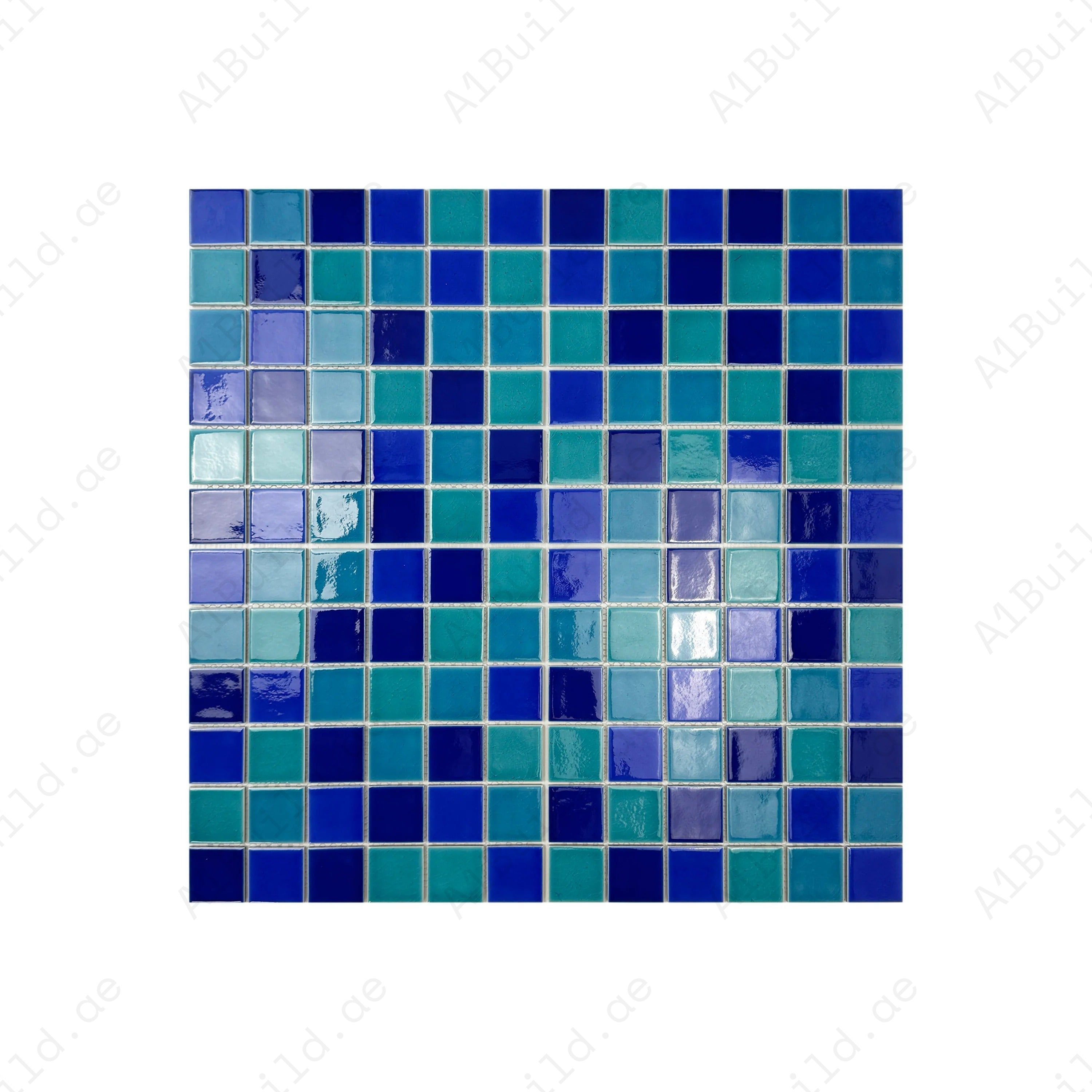 Tiffany, Cyan, Klein & Indigo Blue crackle porcelain mosaic tiles. Slip-proof, UV-resistant & waterproof—perfect for pools, spas & water features in Dubai.