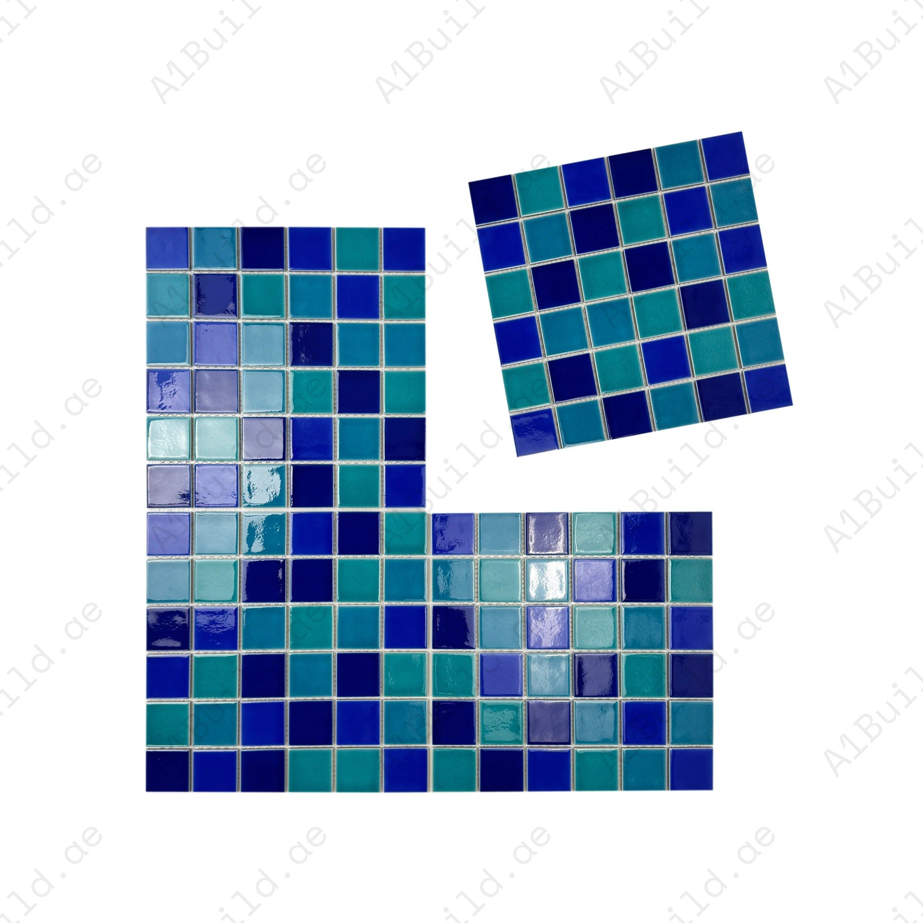 Tiffany, Cyan, Klein & Indigo Blue crackle porcelain mosaic tiles. Slip-proof, UV-resistant & waterproof—perfect for pools, spas & water features in Dubai.